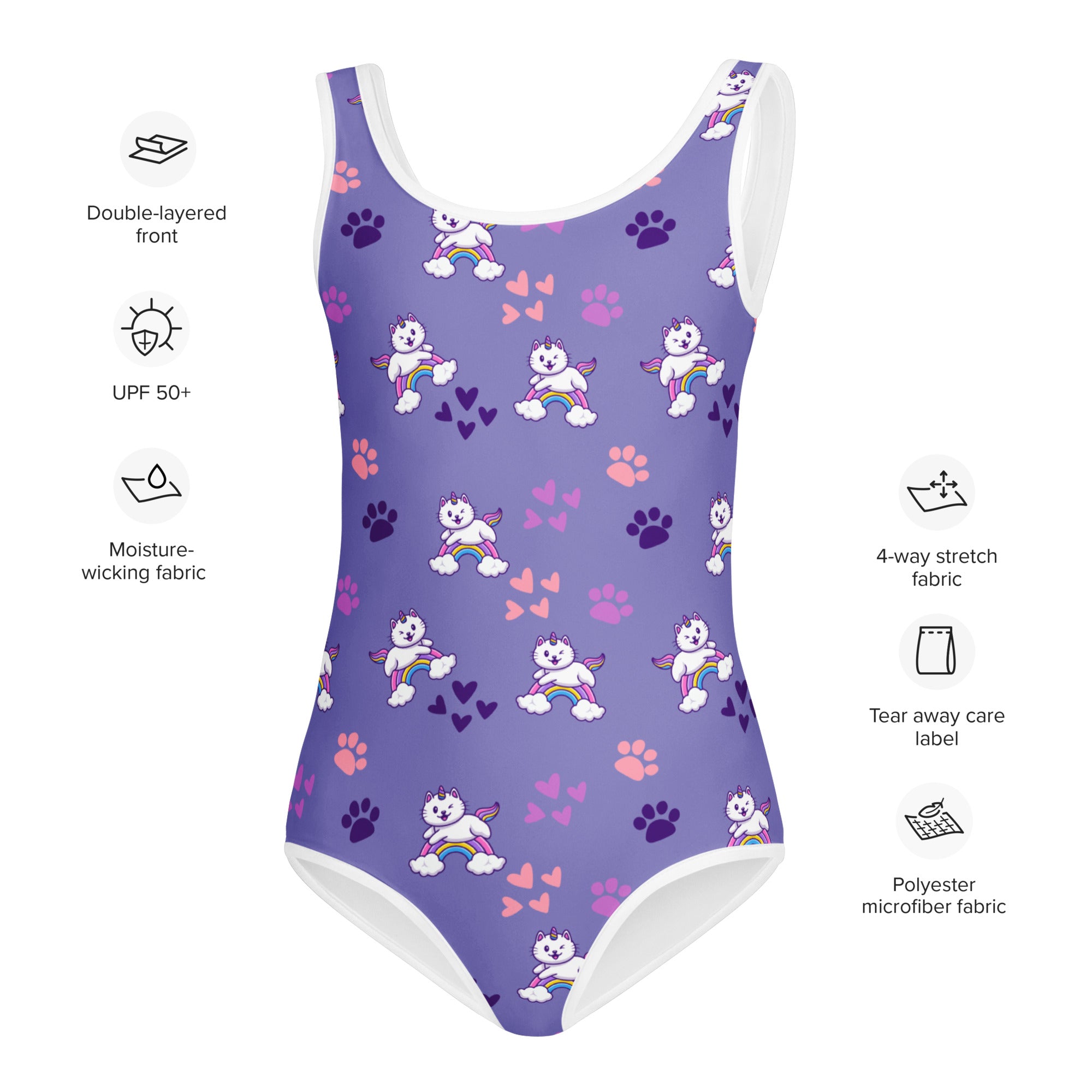 Girls purple caticorn buttery soft leotard with white trim featuring cartoon unicorns on rainbows and paw prints for dance and gymnastics