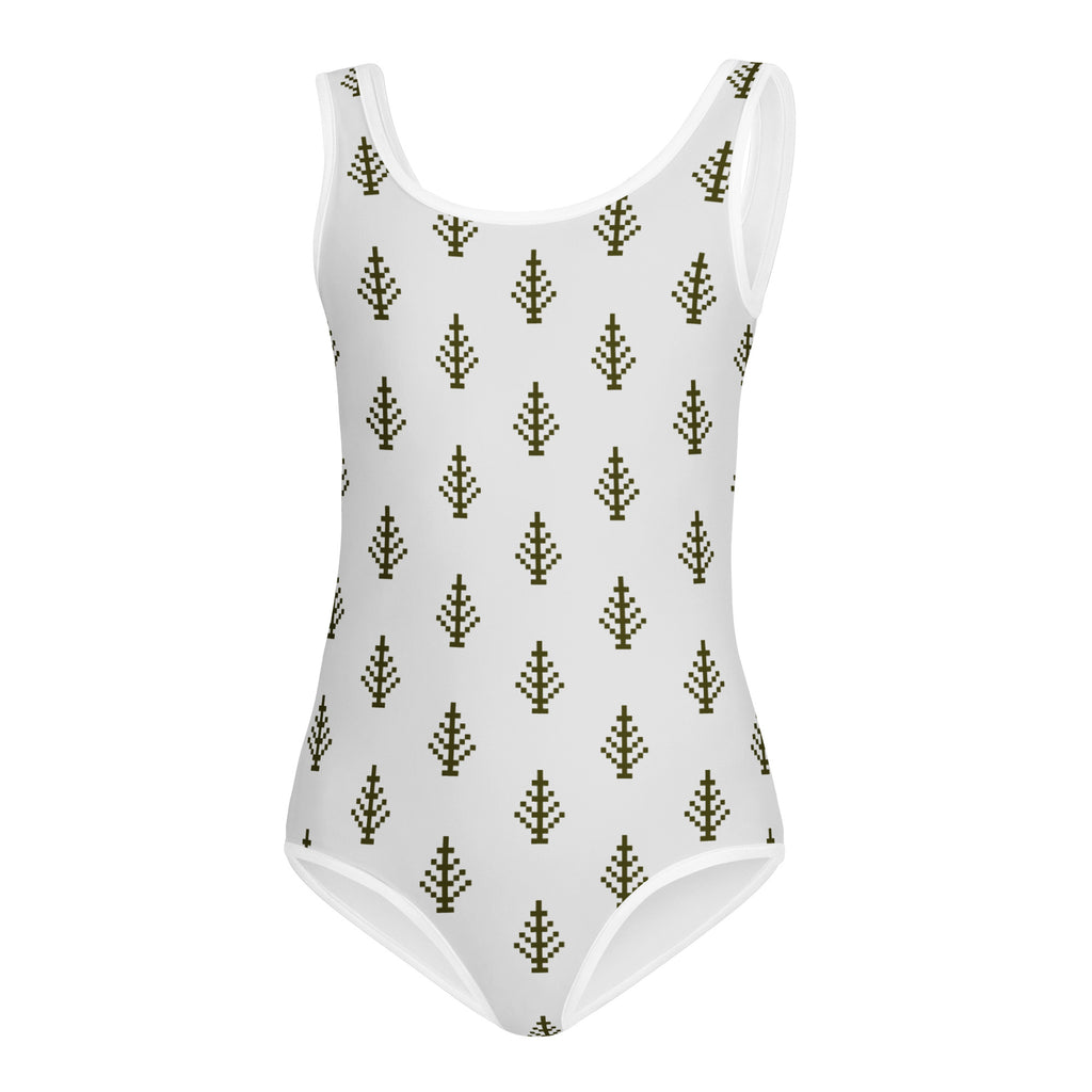 White girls buttery soft one-piece swimsuit with olive green pixelated tree pattern quick drying for dance and gymnastics