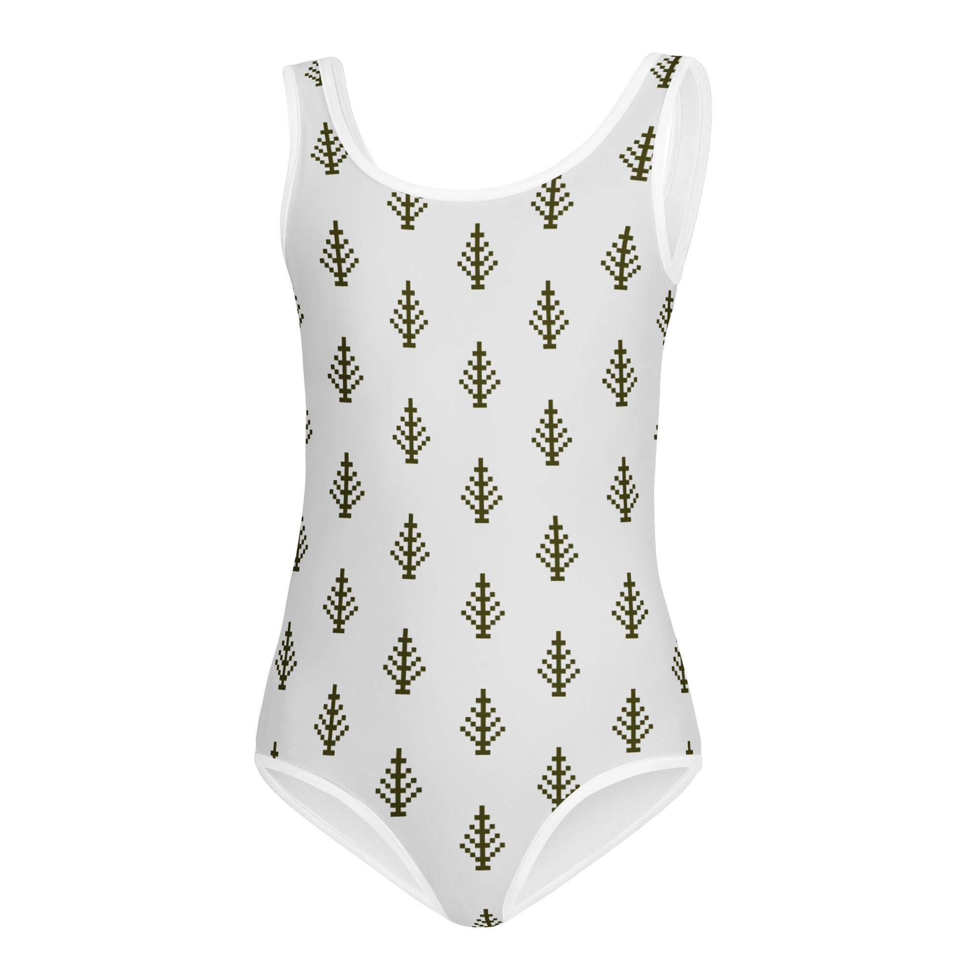 White girls buttery soft one-piece swimsuit with olive green pixelated tree pattern quick drying for dance and gymnastics