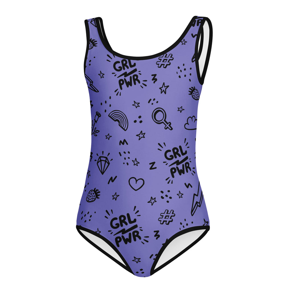 Purple buttery soft quick drying leotard with black girl power graphics for dance and gymnastics use