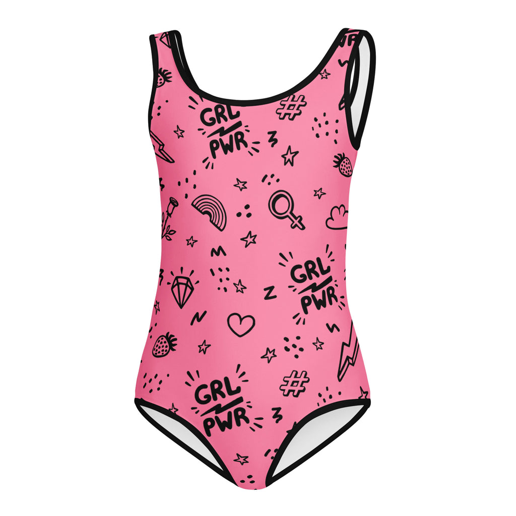 Pink buttery soft one-piece swimsuit with black trim and girl power doodles quick drying for dance and gymnastics