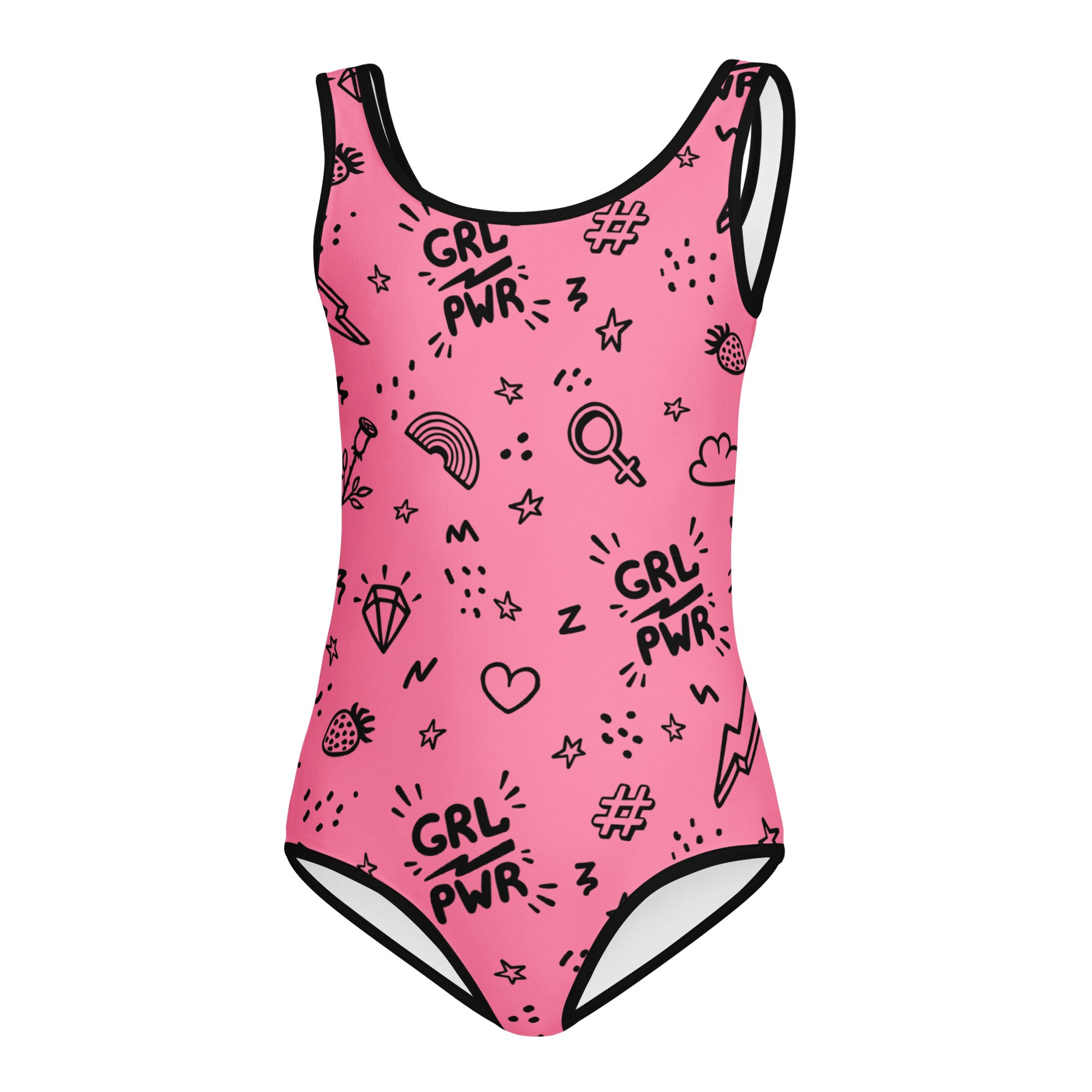 Pink buttery soft one-piece swimsuit with black trim and girl power doodles quick drying for dance and gymnastics