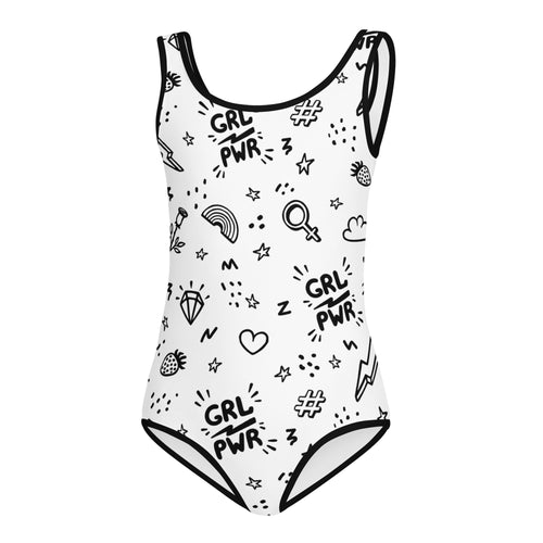White one-piece buttery soft leotard with black grl pwr graphics quick drying for dance and gymnastics