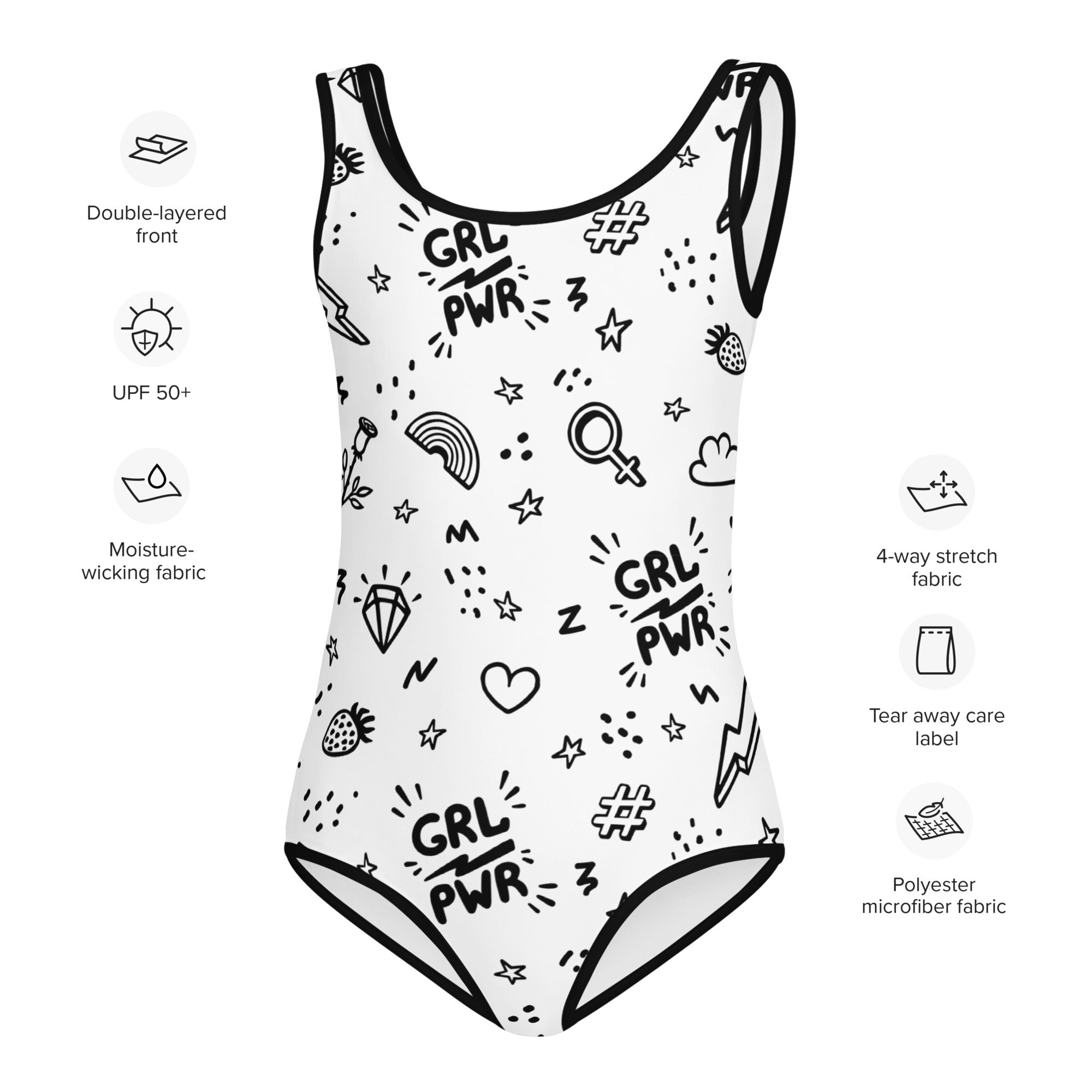 White one-piece swimsuit with black grl pwr doodle print double-layered front polyester microfiber quick drying for dance