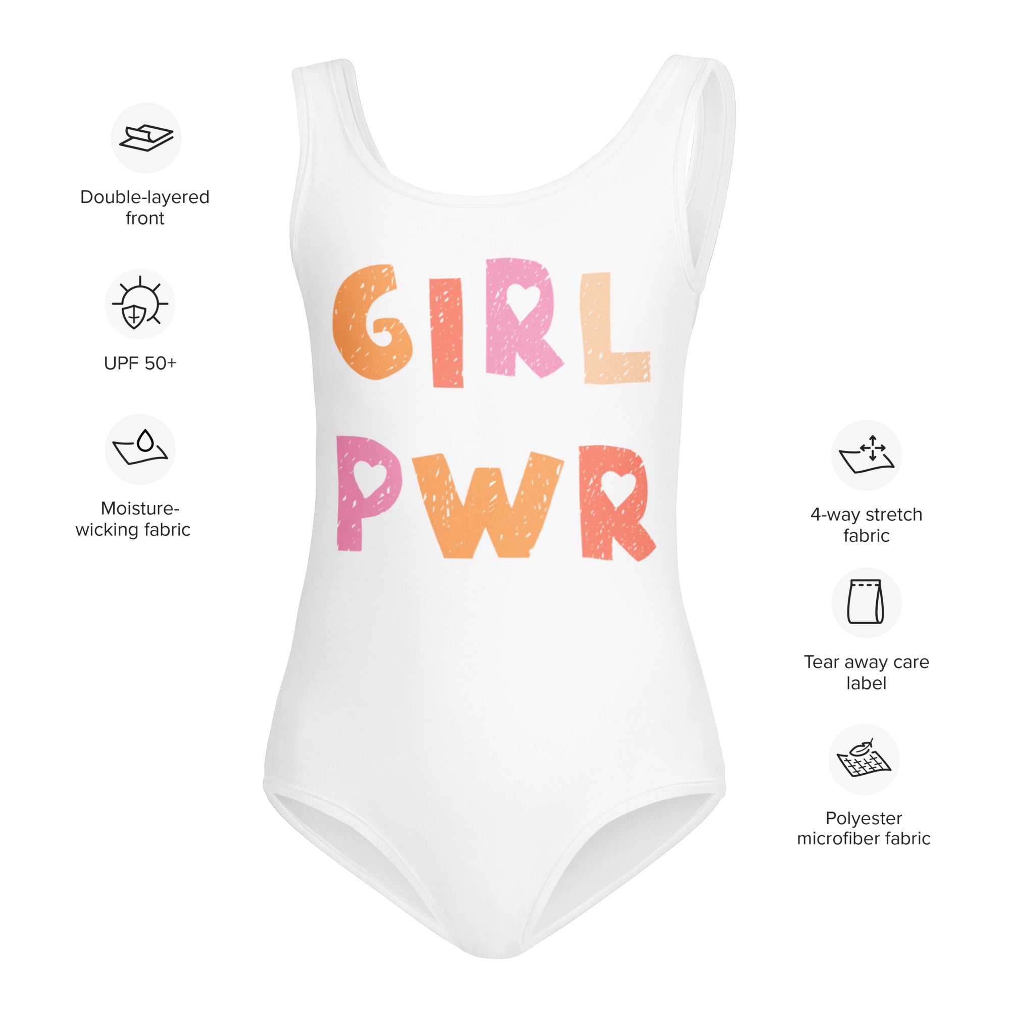 White one-piece swimsuit with girl pwr gradient orange and pink lettering buttery soft quick drying for dance and gymnastics
