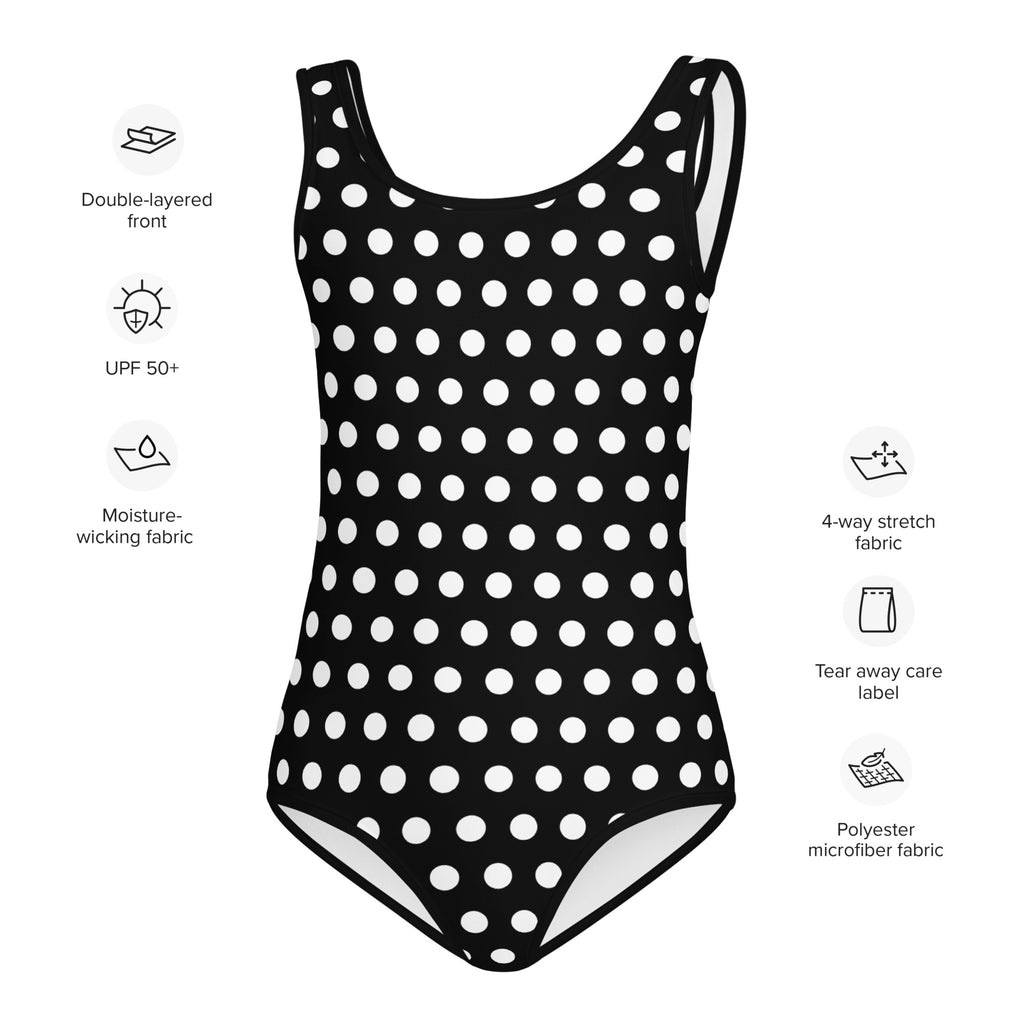 Girls black polka dots buttery soft one-piece swimsuit in polyester microfiber fabric quick drying for dance and gymnastics