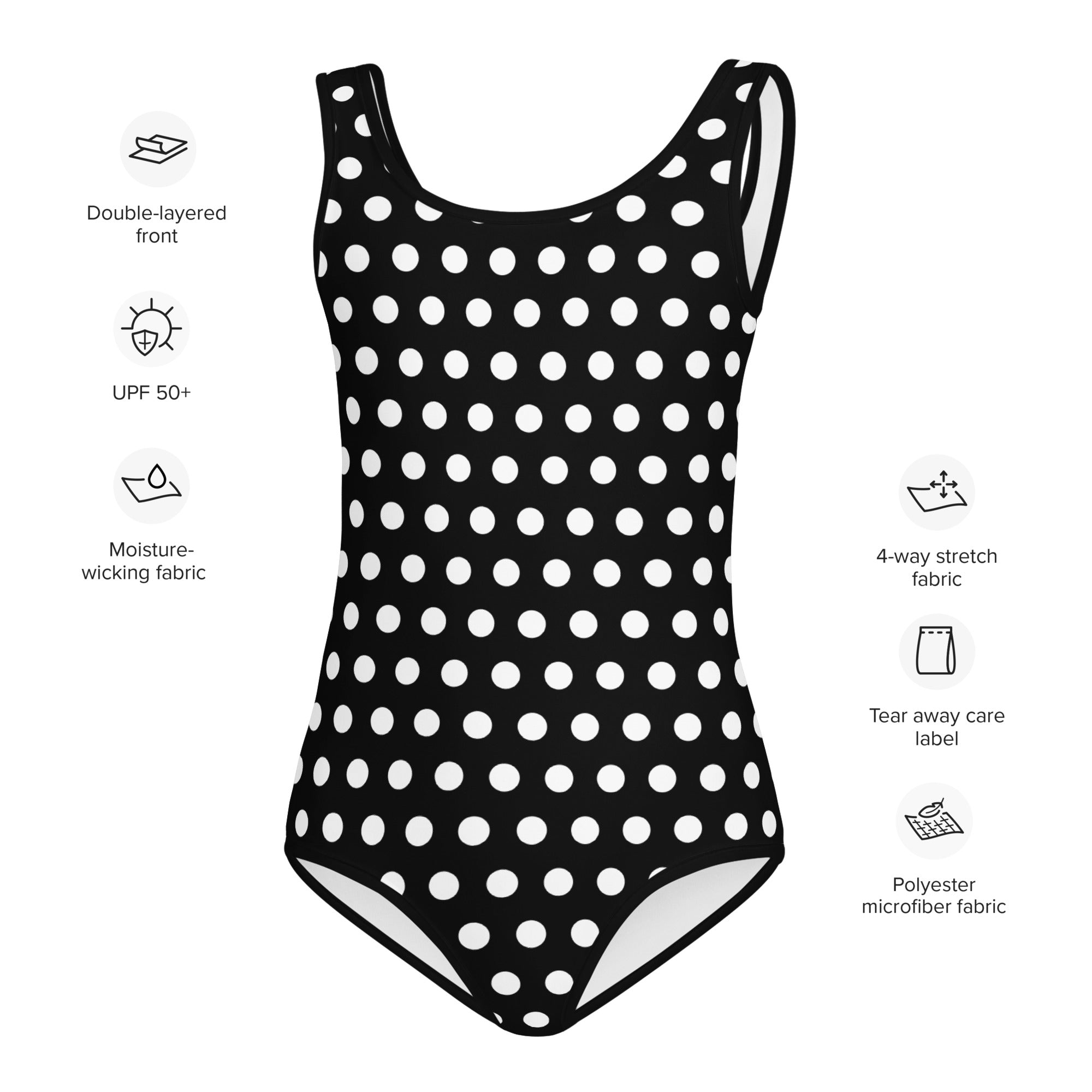 Girls black polka dots buttery soft one-piece swimsuit in polyester microfiber fabric quick drying for dance and gymnastics