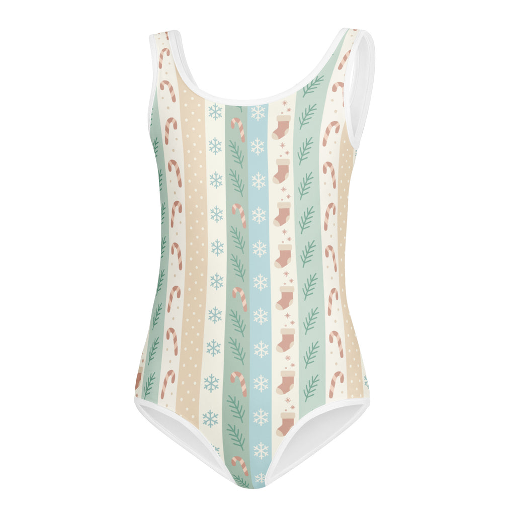 Girls pastel christmas stripe buttery soft swimsuit with upf 50 plus featuring candy cane and snowflake stripes in mint green beige and pink