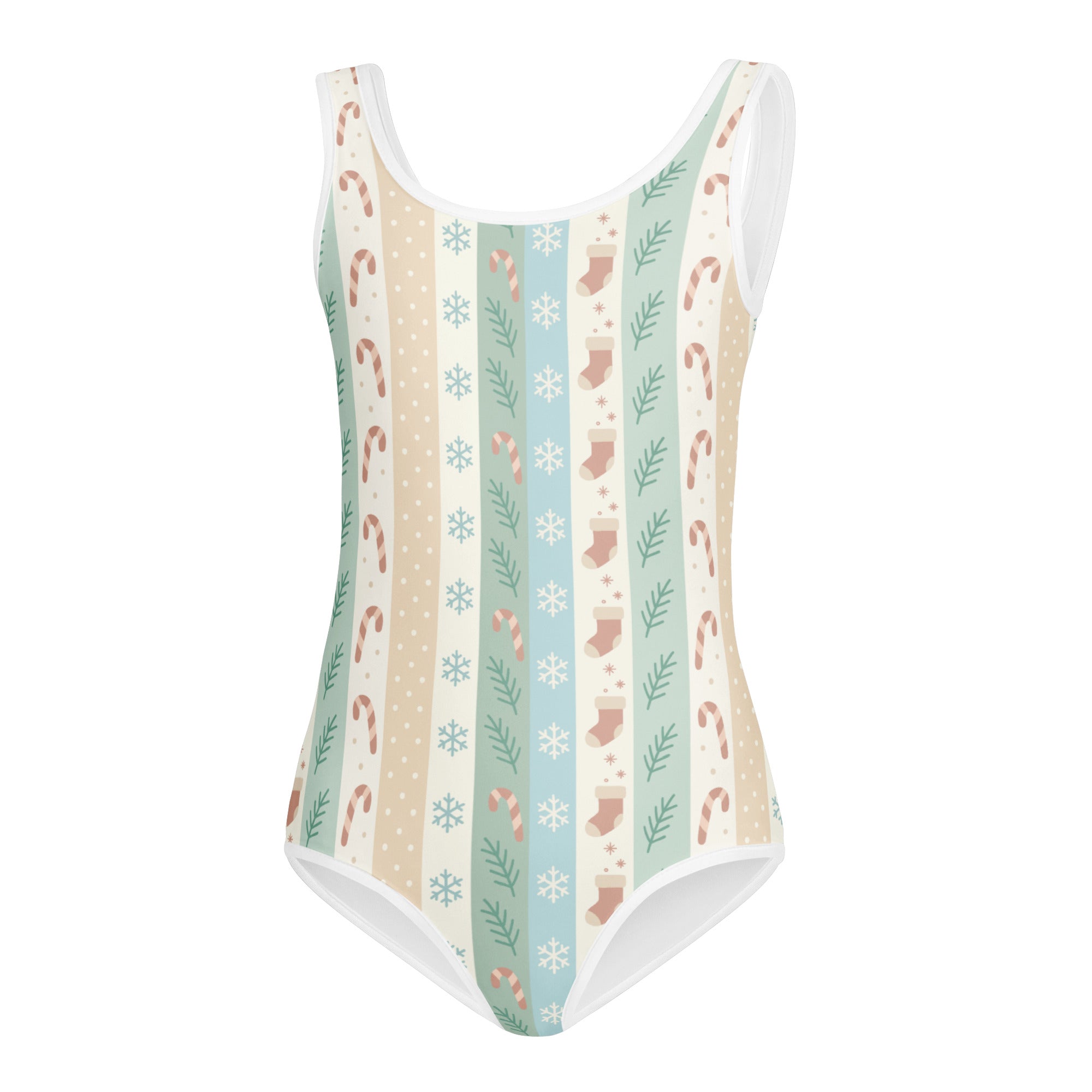 Girls pastel striped Christmas buttery soft leotard with candy cane and snowflake patterns for dance and gymnastics