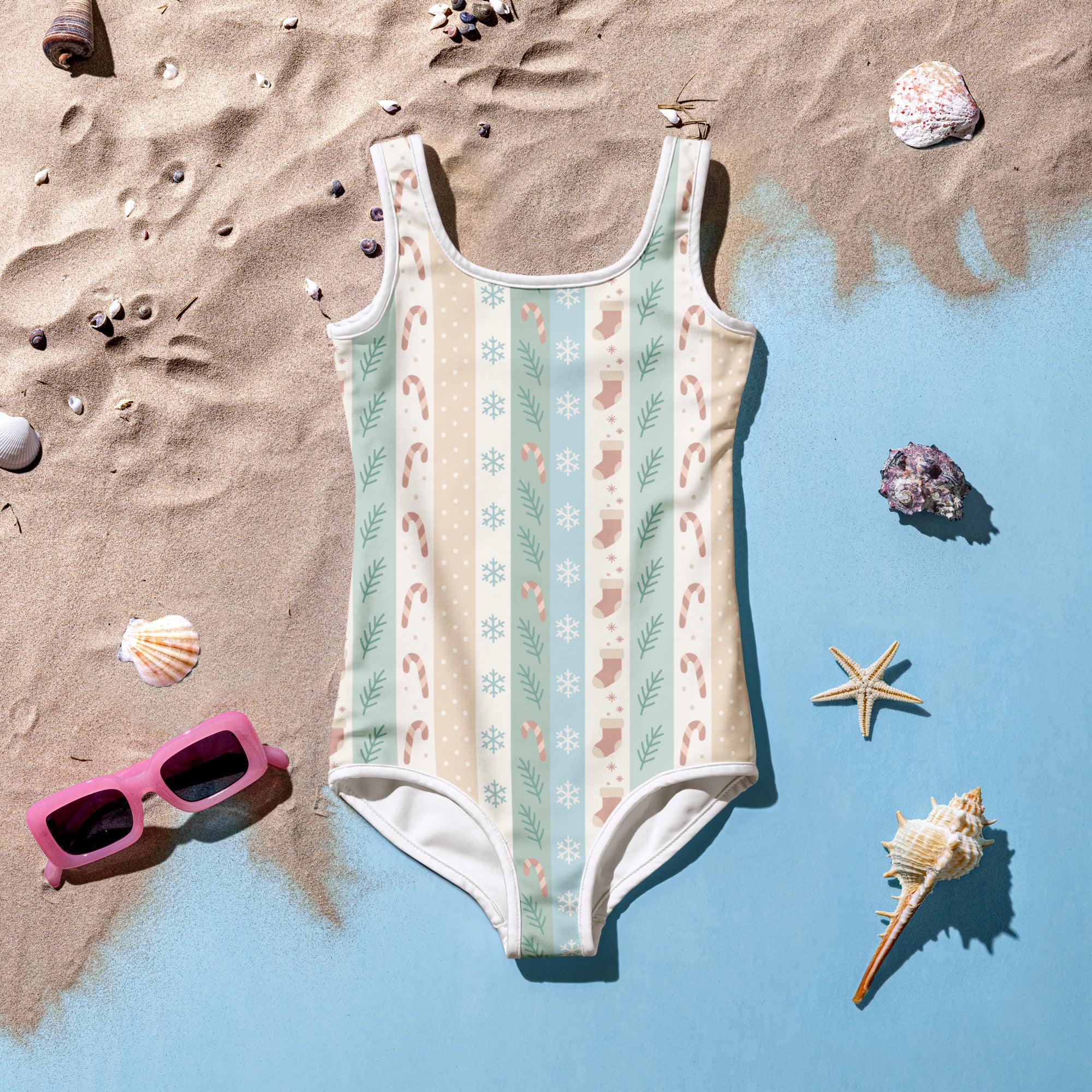 Girls pastel Christmas stripe buttery soft swimsuit with UPF 50+ in mint green beige and blush pink patterns