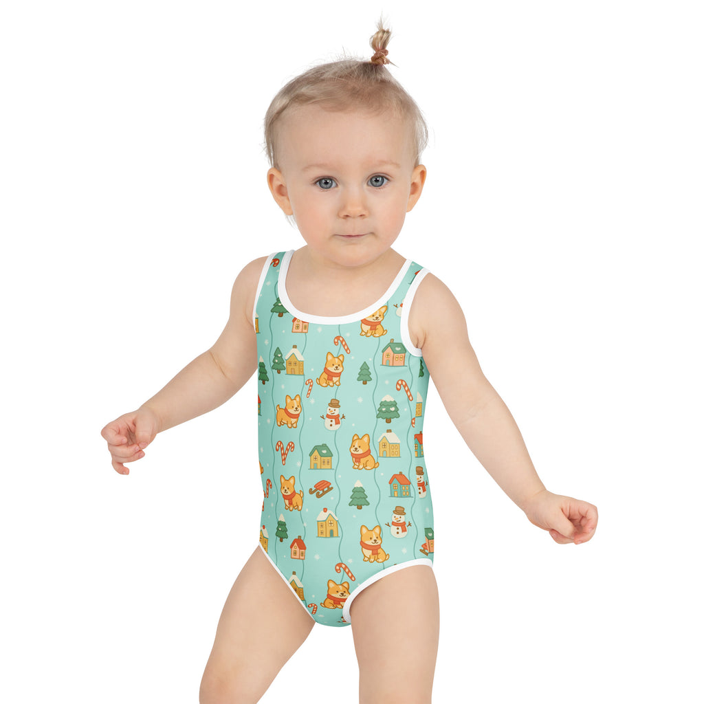 A mint green girls one-piece Christmas Shiba Inu buttery soft swimsuit with UPF 50+ and festive corgi pattern