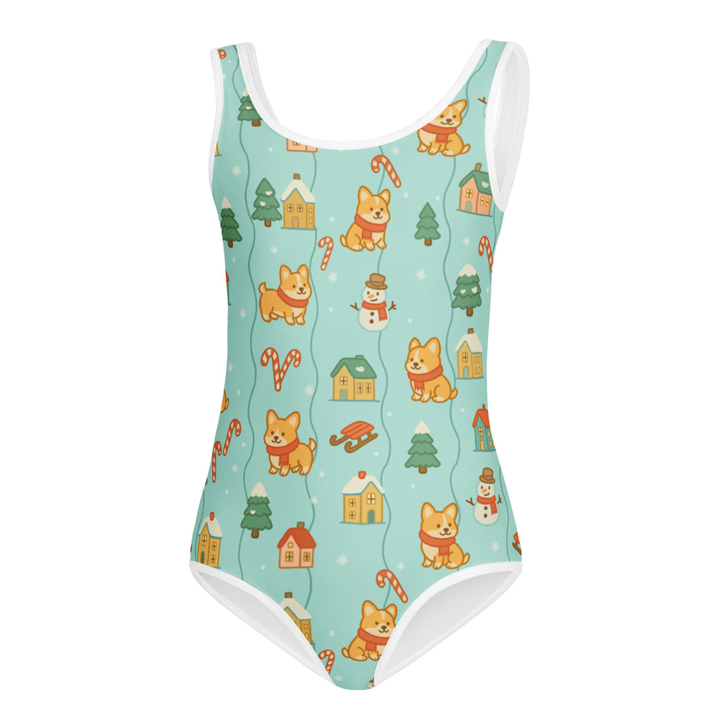 A light blue girls shiba inu Christmas buttery soft quick drying leotard with white trim and festive corgi pattern