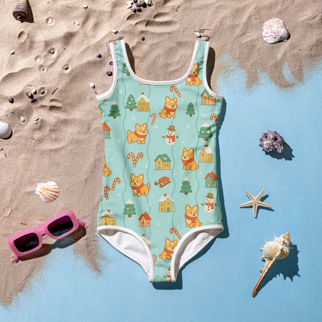 Girls christmas shiba inu buttery soft light blue one-piece swimsuit with white trim festive corgi snowman print upf 50+