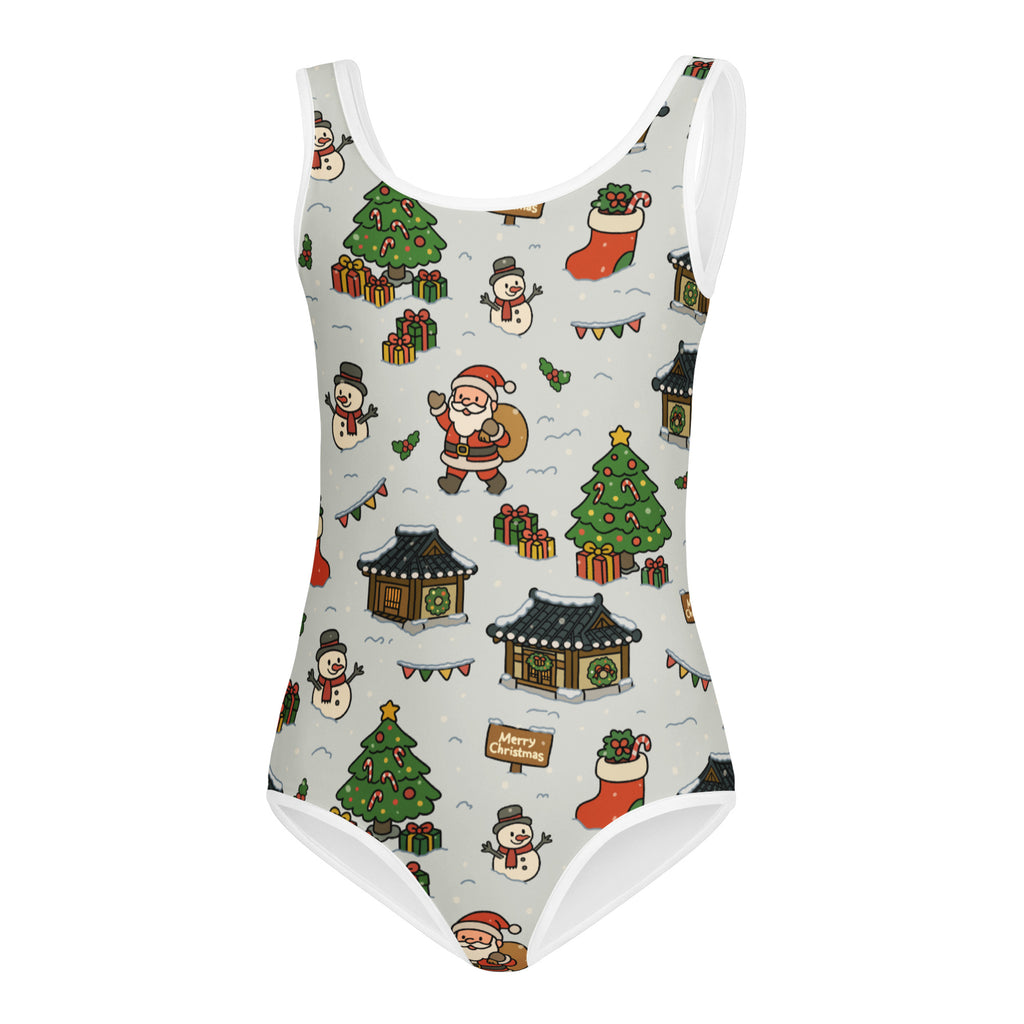 Girls Santa and Christmas village gray one-piece buttery soft swimsuit with playful holiday pattern and UPF 50+ protection