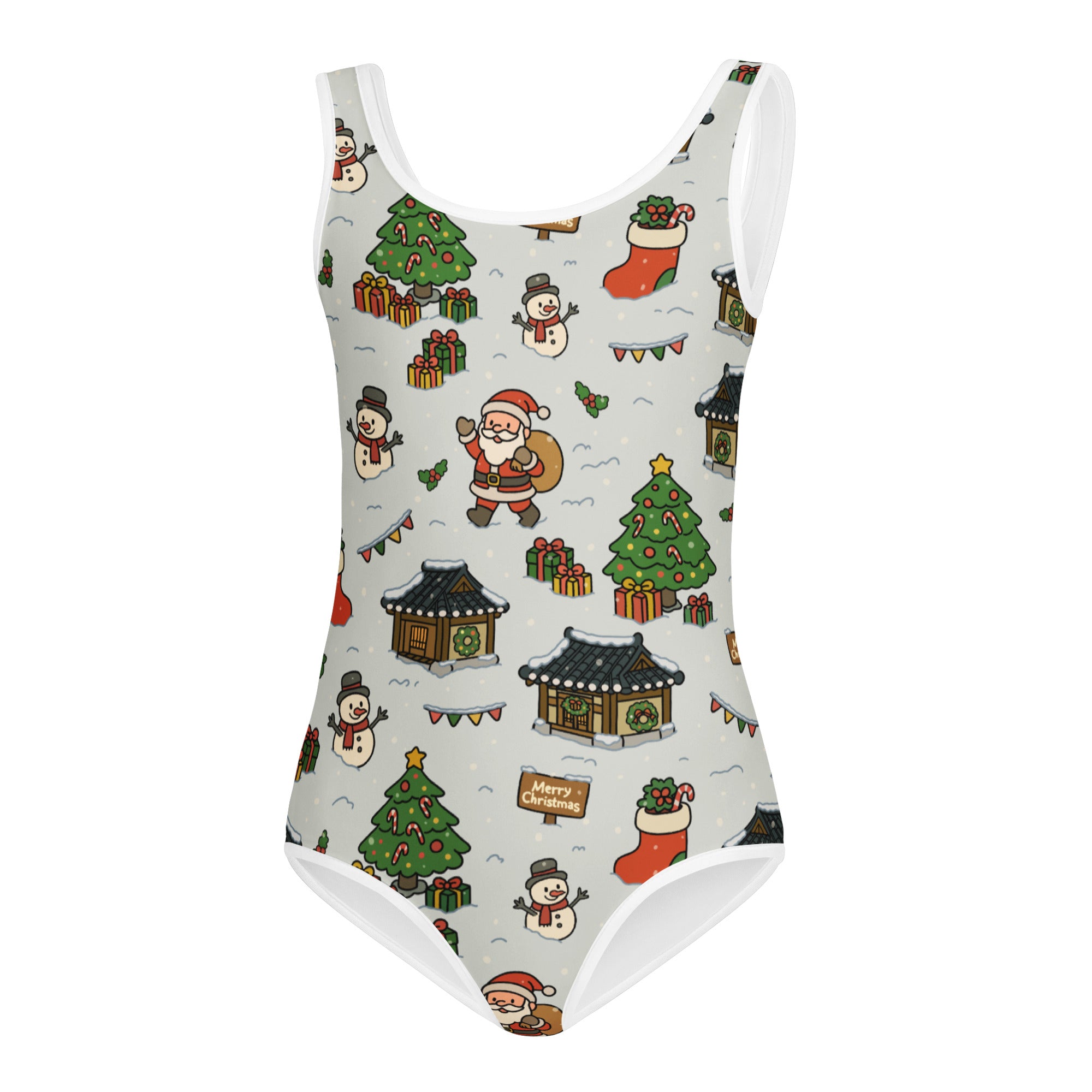 Girls santa village gray one-piece swimsuit with festive christmas snowmen and santa print quick drying buttery soft leotard