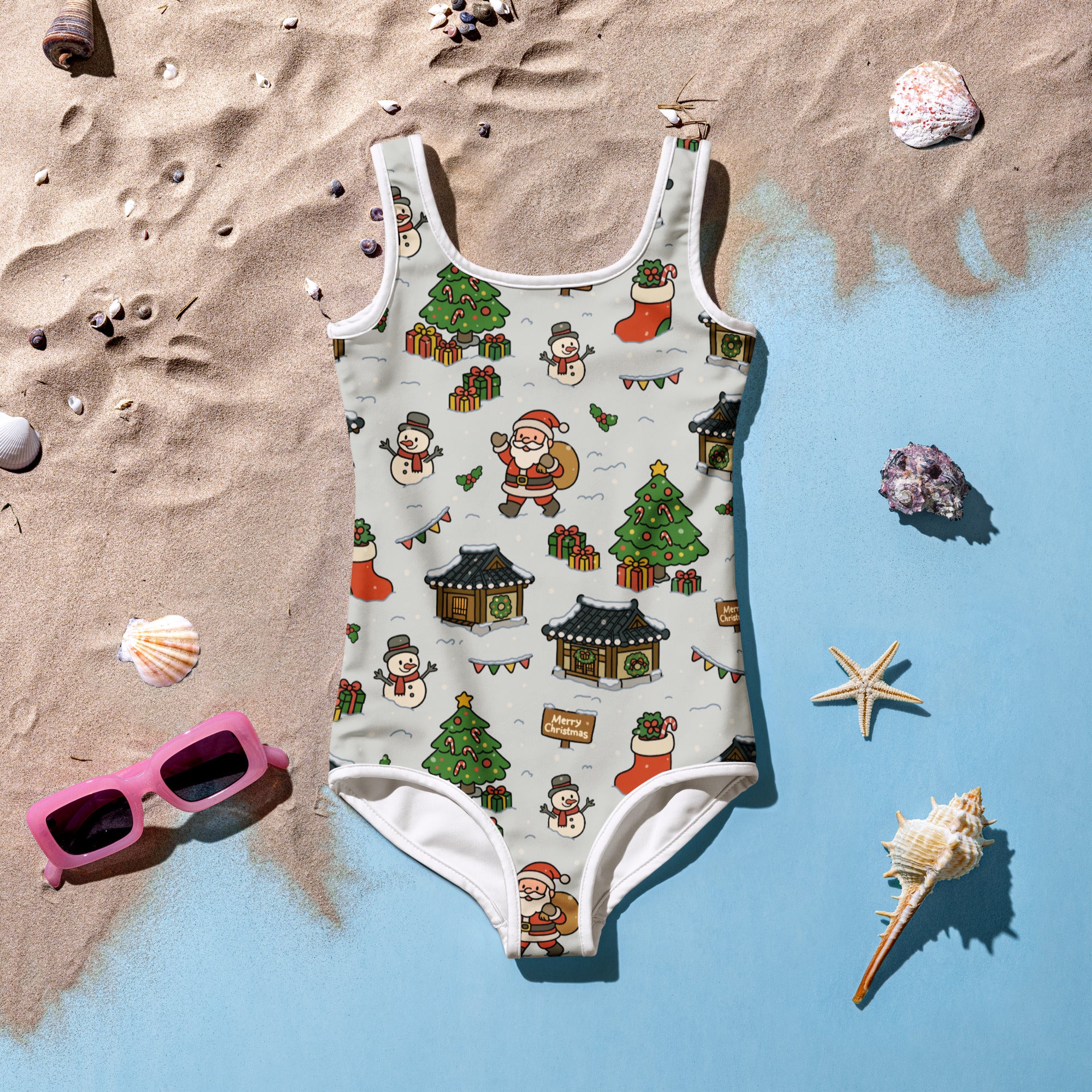 Girls Santa and Christmas village buttery soft one-piece swimsuit with UPF 50 plus and festive cartoon prints on light gray