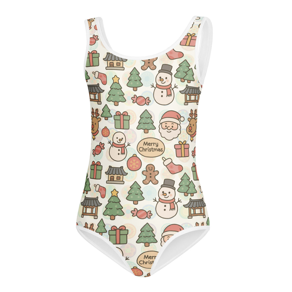Girls merry christmas buttery soft leotard with festive snowmen santa reindeer pattern on off-white quick drying fabric