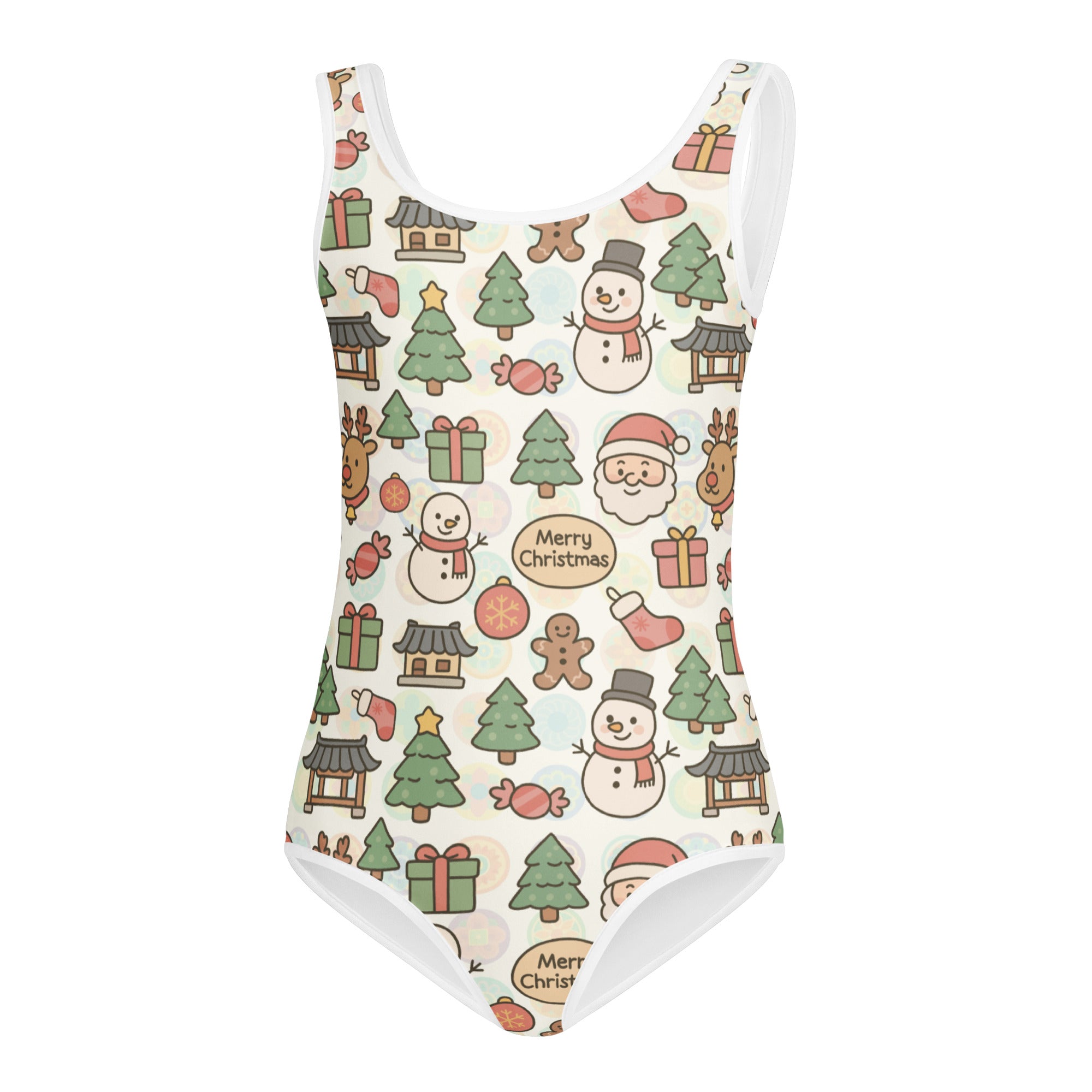 Girls merry christmas buttery soft leotard with festive snowmen santa reindeer pattern on off-white quick drying fabric