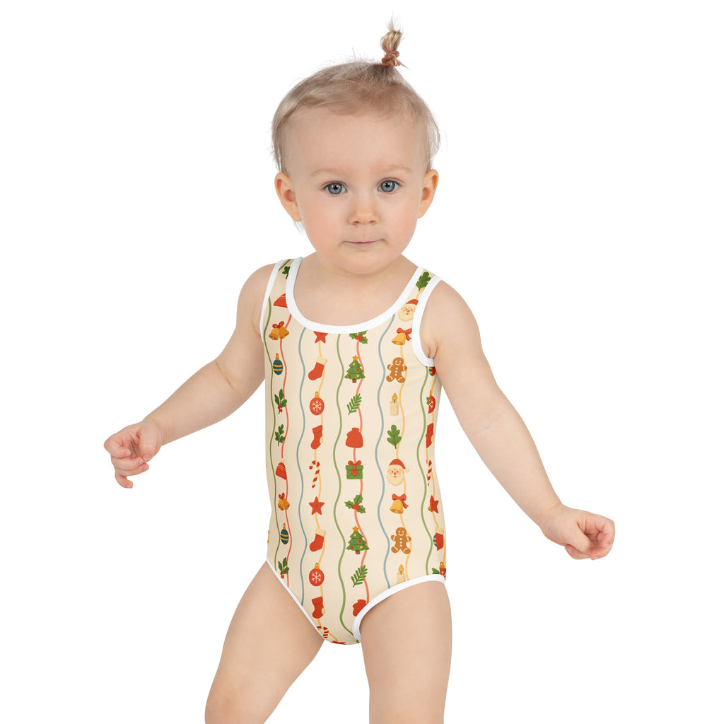 Girls christmas garland buttery soft cream one-piece swimsuit with colorful holiday motifs and UPF 50 plus protection