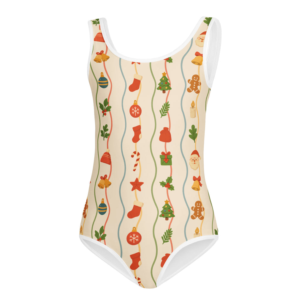 A festive beige girls christmas garland buttery soft one-piece swimsuit with white trim and colorful holiday patterns