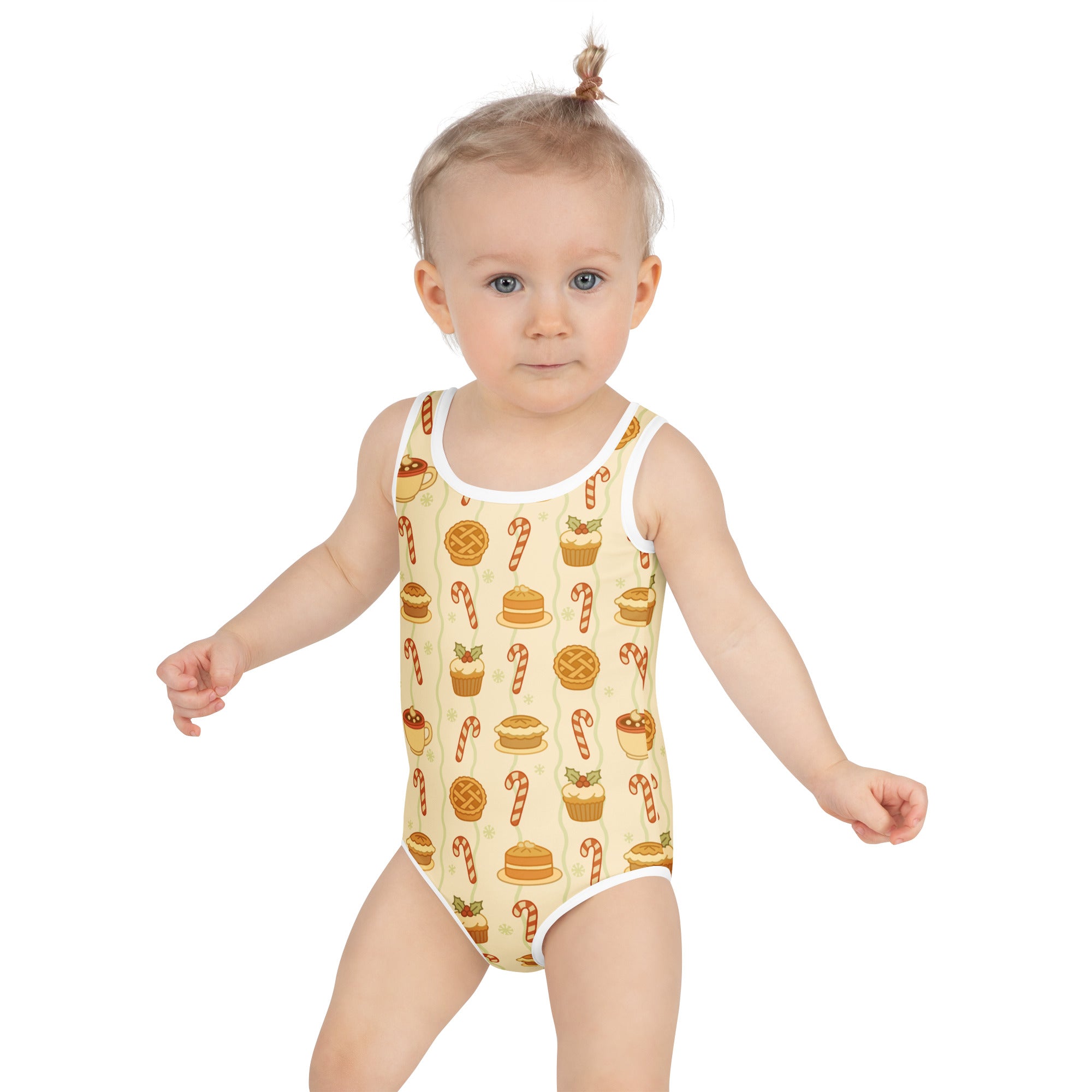 Girls christmas treats buttery soft yellow one-piece swimsuit with cupcake candy cane pie pattern and UPF 50 plus protection