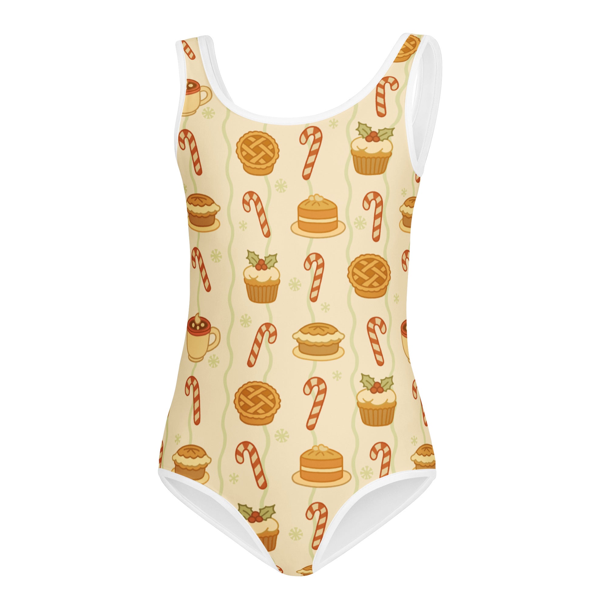 Beige girls christmas treats buttery soft swimsuit with white trim festive candy cane and dessert pattern upf 50 plus