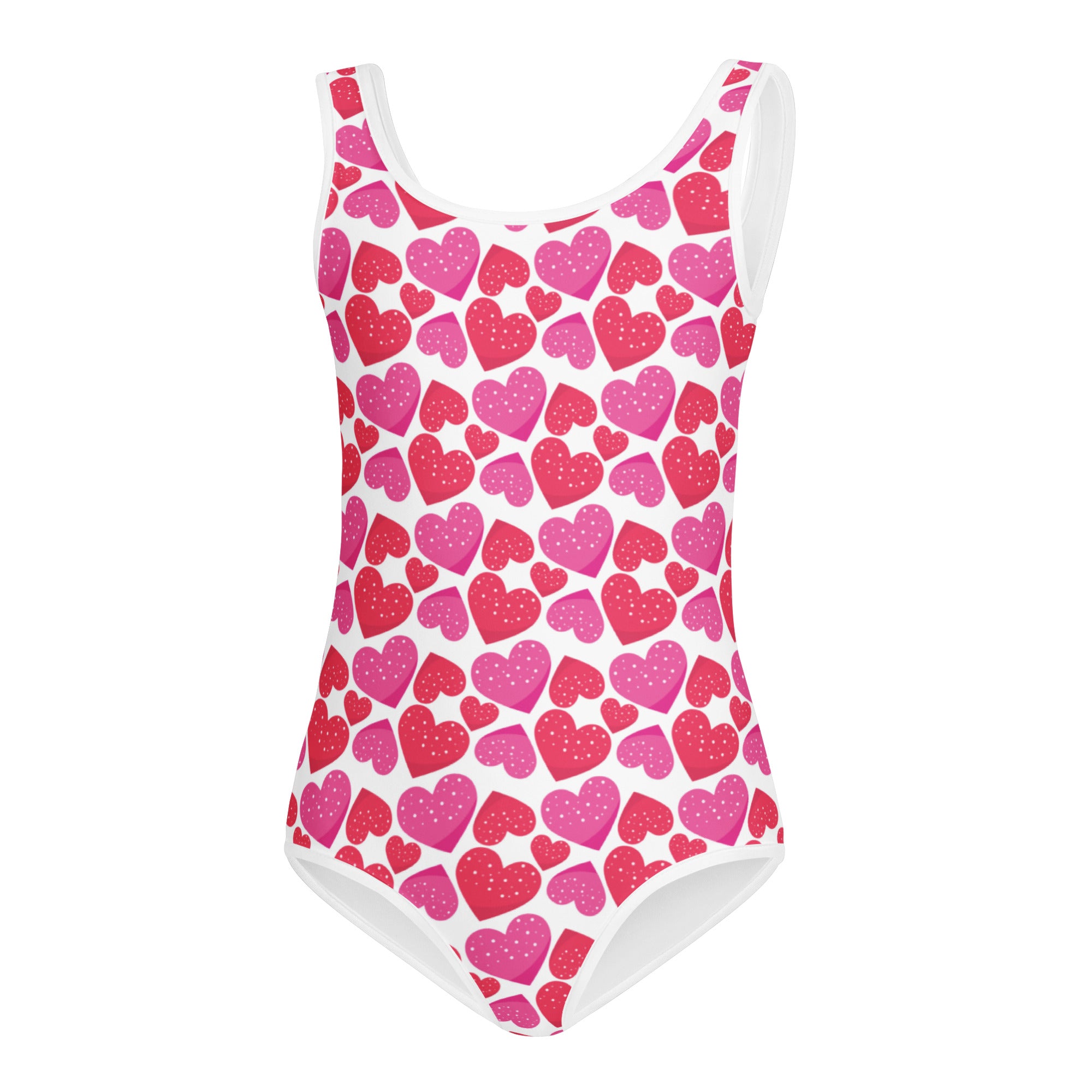 White girls valentine’s day heart leotard with pink and red hearts and glittery texture quick drying for dance