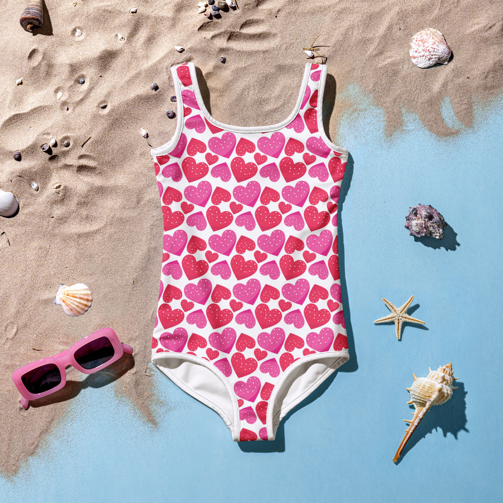 Girls pink hearts buttery soft one-piece swimsuit with square neckline and upf 50 plus double layered front