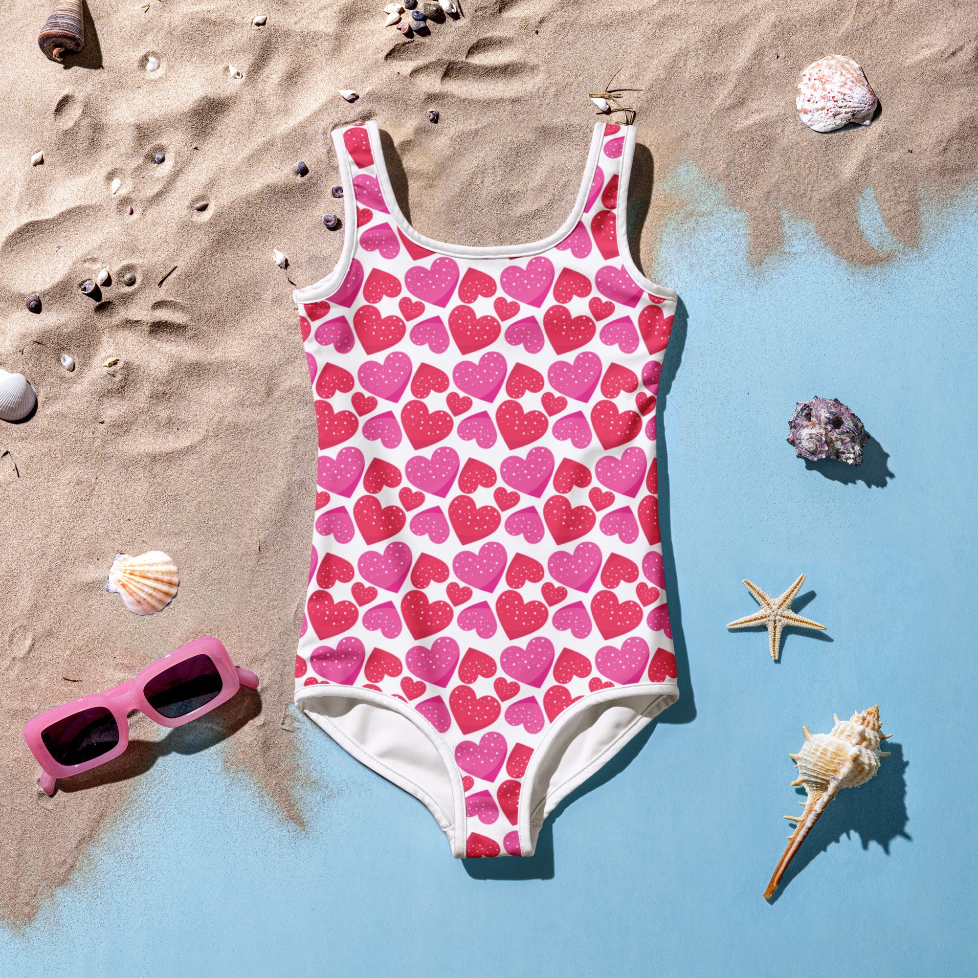 Girls pink hearts buttery soft one-piece swimsuit with square neckline and upf 50 plus double layered front