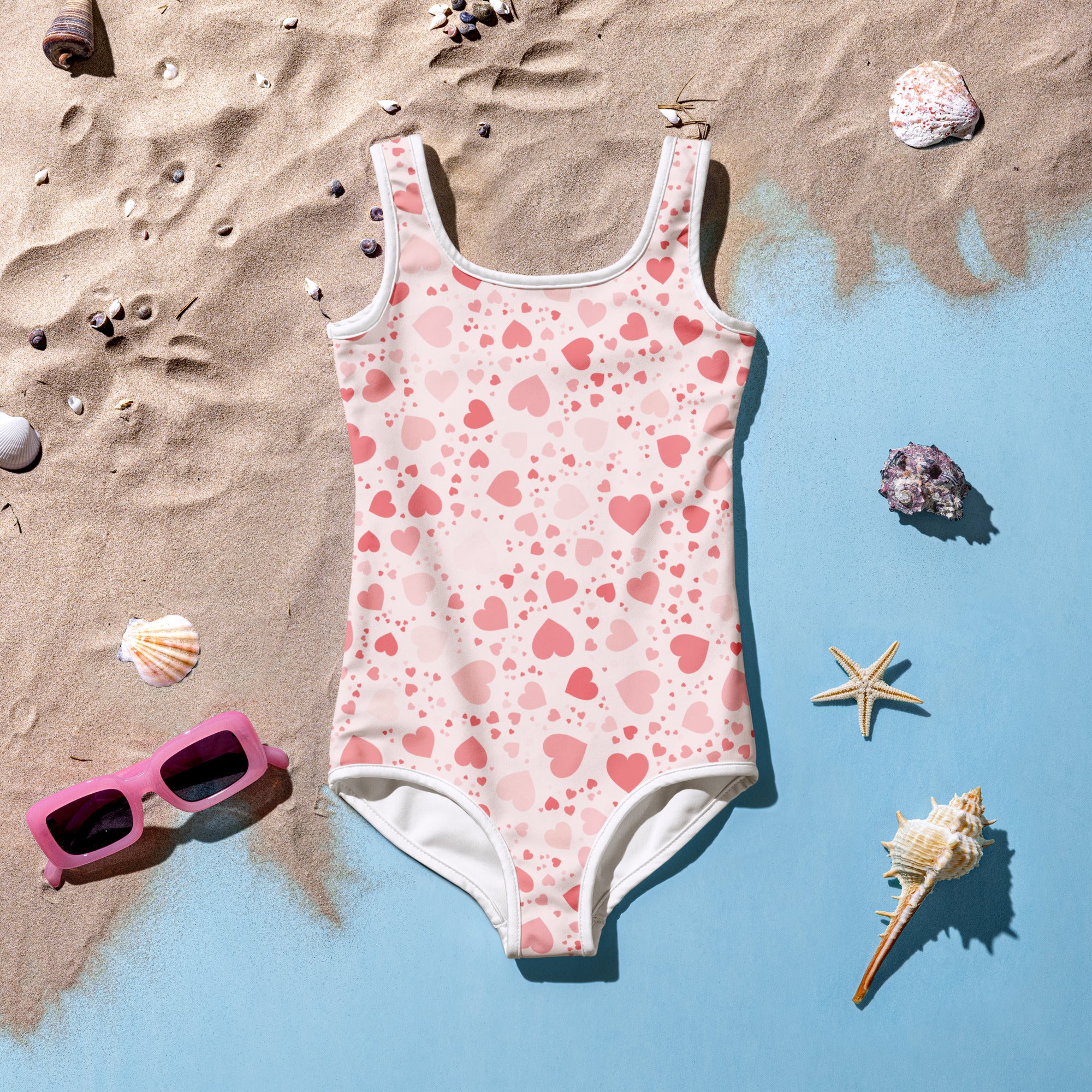 Pink girls valentines day heart swimsuit with white trim buttery soft fabric upf 50 plus double layered front