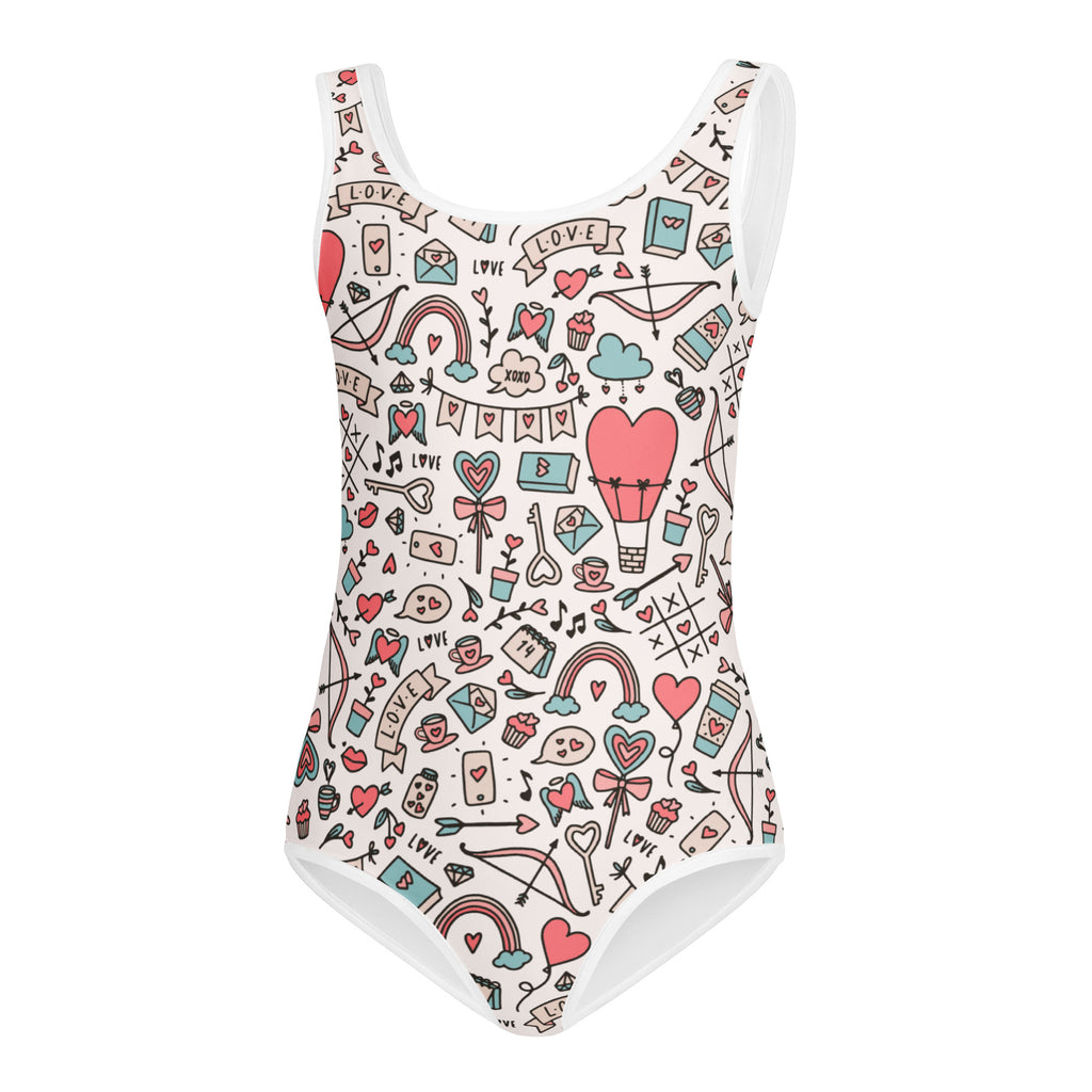 White girls valentine’s day doodle pattern buttery soft quick drying leotard with hearts and rainbows for dance and gymnastics