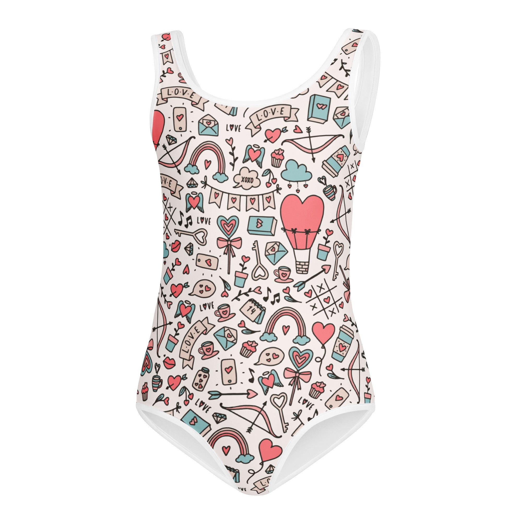 White girls valentine’s day doodle pattern buttery soft quick drying leotard with hearts and rainbows for dance and gymnastics