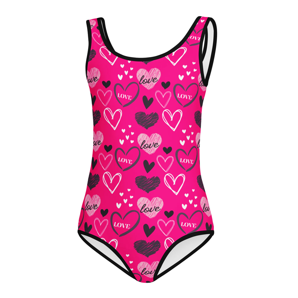 Girls Valentine’s Day vibrant pink one-piece leotard with heart patterns love text buttery soft quick drying for dance