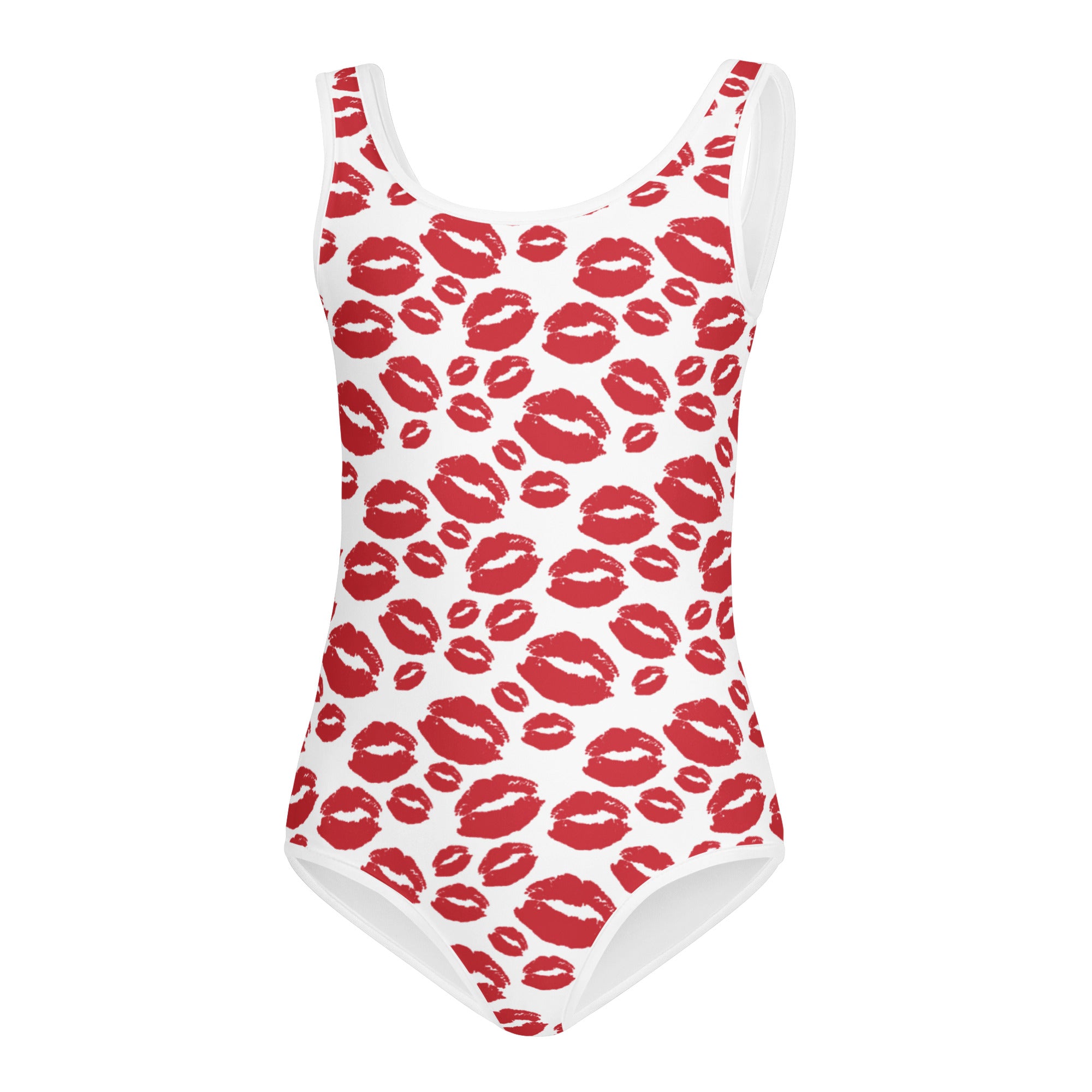 Girls Valentine’s Day white one-piece swimsuit with red lipstick prints made of buttery soft quick-dry fabric for dance and gymnastics