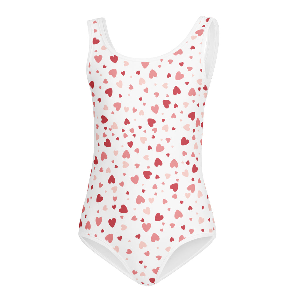 White one-piece swimsuit with scattered red and pink hearts buttery soft quick drying for dance and gymnastics