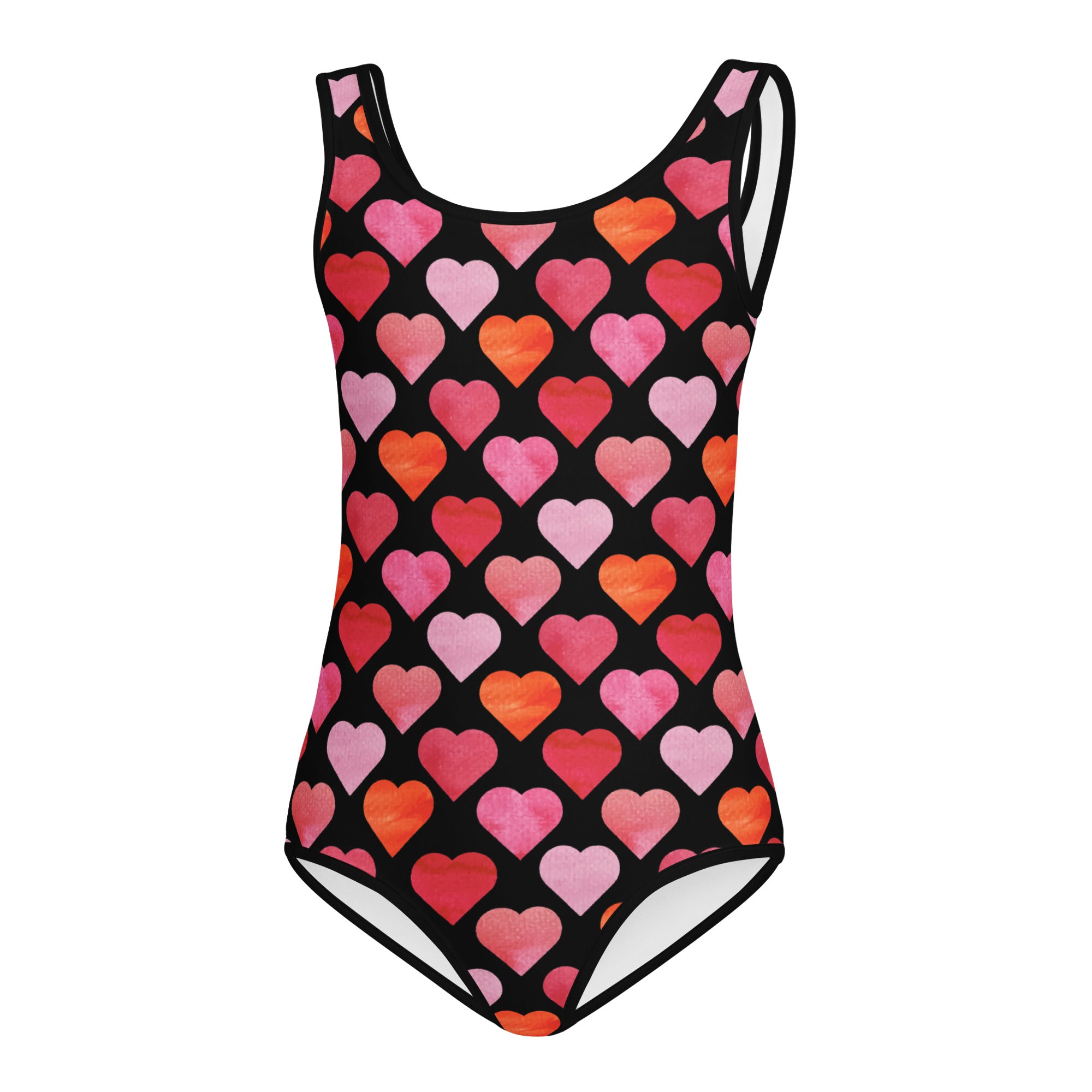 A black one-piece girls leotard with vibrant watercolor heart pattern in pink red and orange quick drying for dance and gymnastics