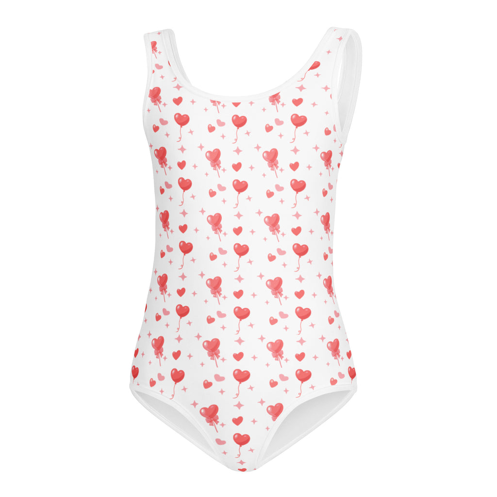 Girls pink heart balloons buttery soft white one-piece swimsuit with red and pink heart patterns for dance and gymnastics
