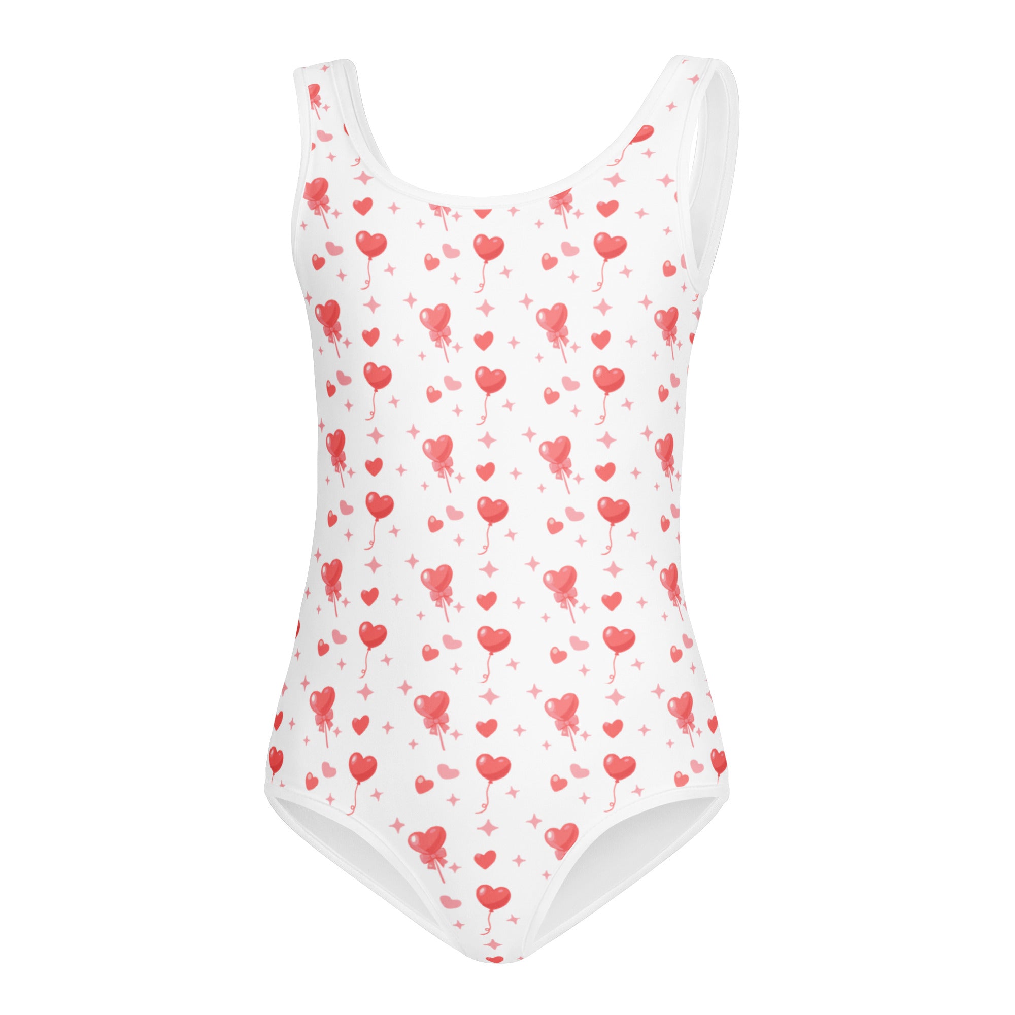 Girls pink heart balloons buttery soft white one-piece swimsuit with red and pink heart patterns for dance and gymnastics