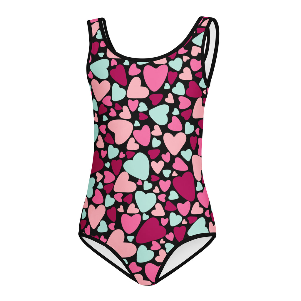 Girls Valentine’s Day vibrant pink and mint heart one-piece swimsuit with black trim quick drying for dance and gymnastics
