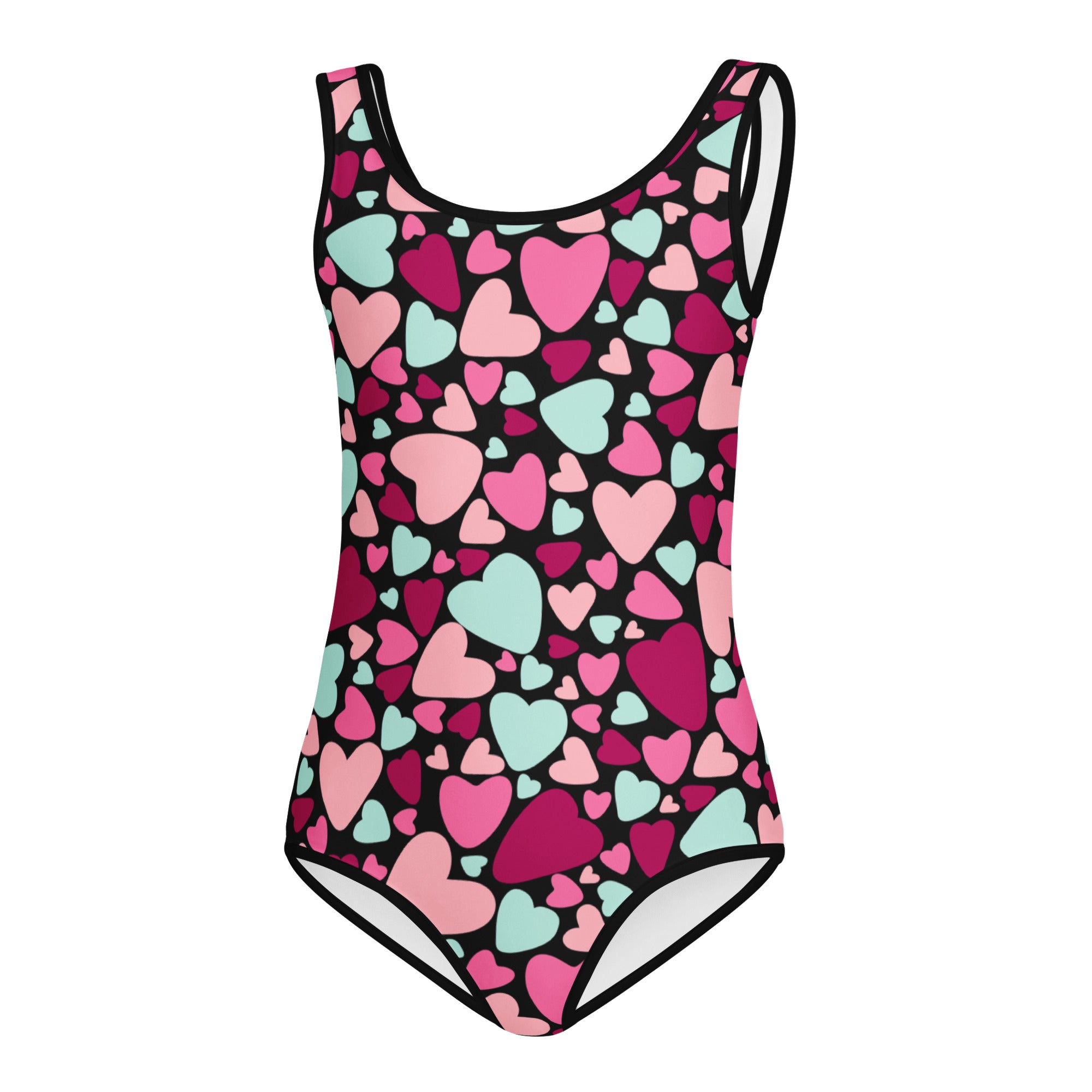 Girls Valentine’s Day vibrant pink and mint heart one-piece swimsuit with black trim quick drying for dance and gymnastics
