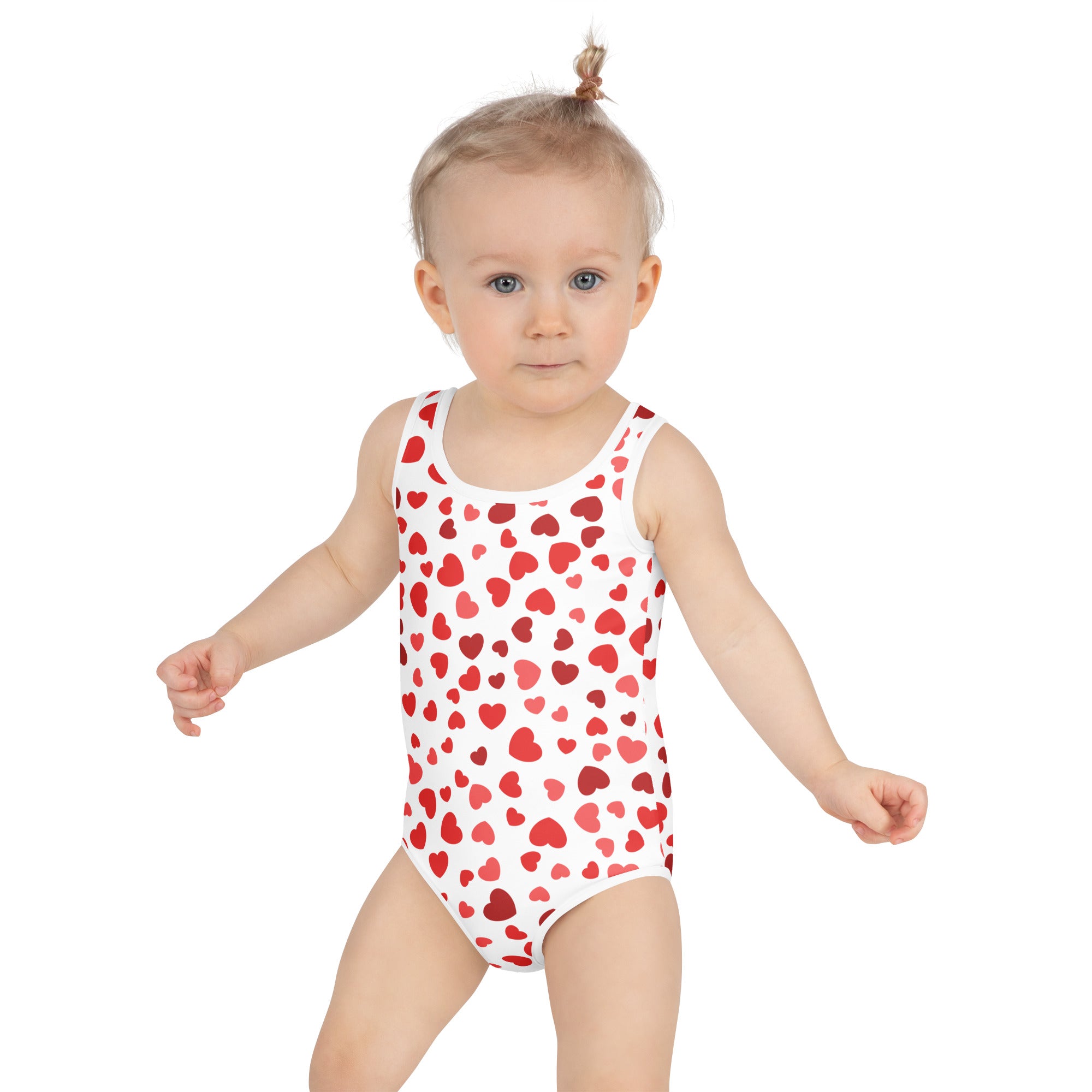White girls one-piece swimsuit with red heart pattern buttery soft fabric upf 50 plus double layered front