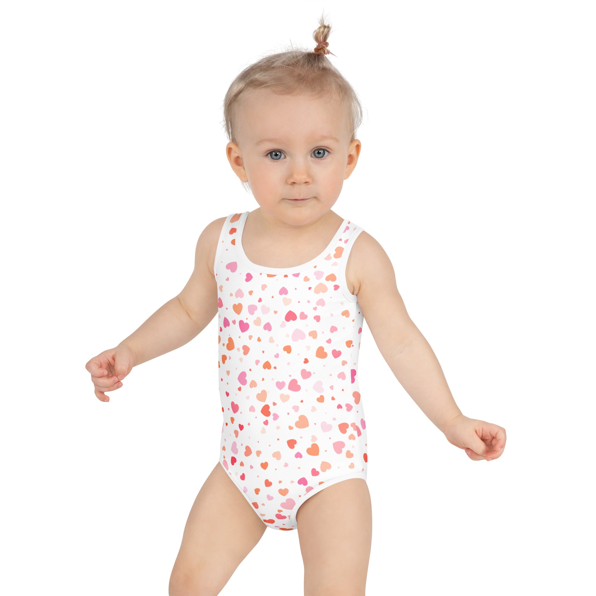 White girls one-piece swimsuit with pink and orange heart pattern buttery soft fabric and upf 50 plus protection