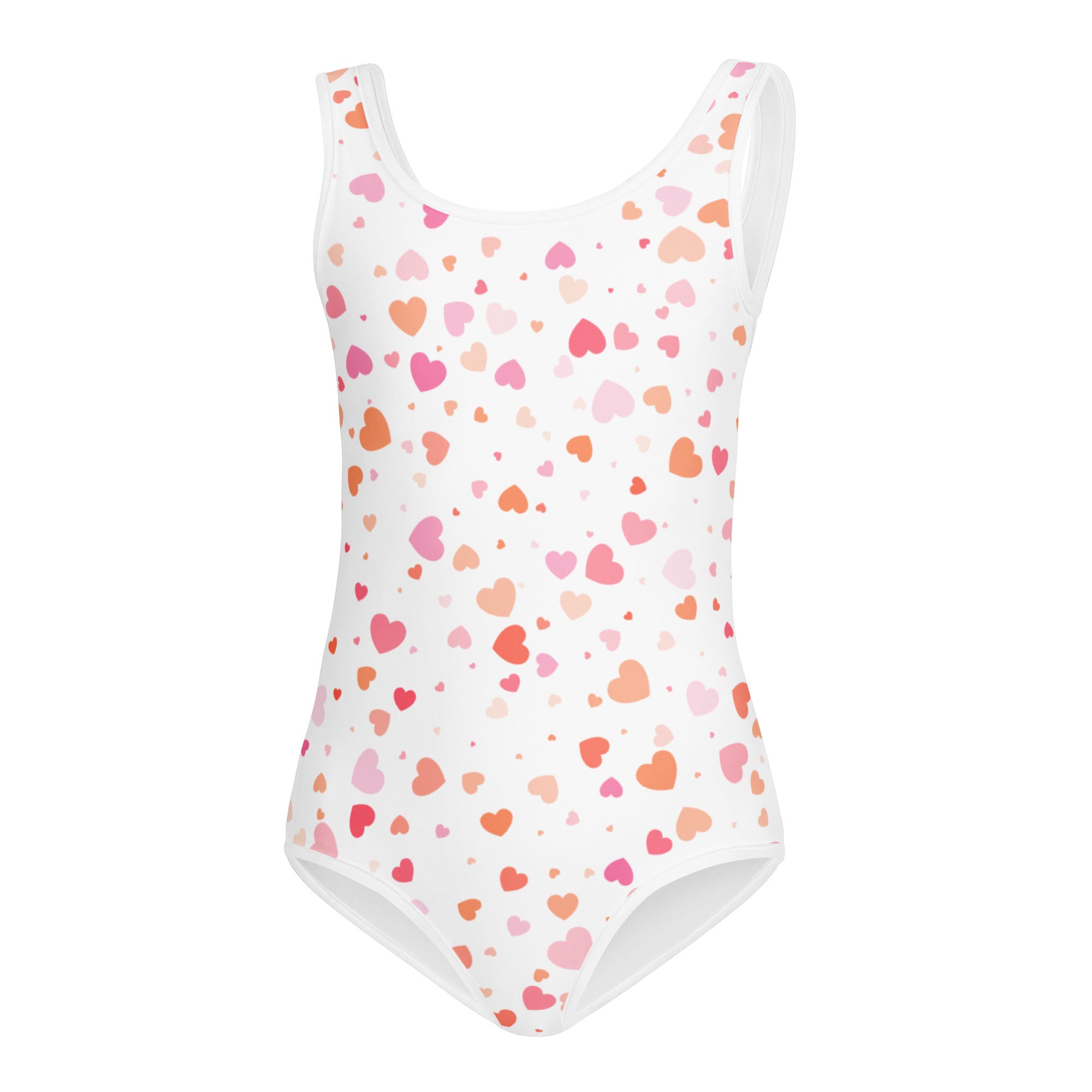 Girls pastel heart buttery soft white leotard with pink and orange hearts quick drying for dance and gymnastics