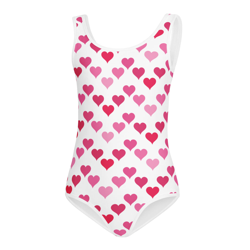 Girls valentine’s day white one-piece swimsuit with pink and red hearts buttery soft quick drying for dance and gymnastics