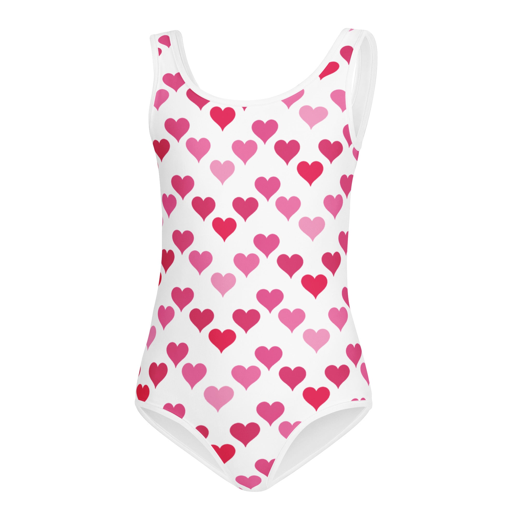Girls valentine’s day white one-piece swimsuit with pink and red hearts buttery soft quick drying for dance and gymnastics
