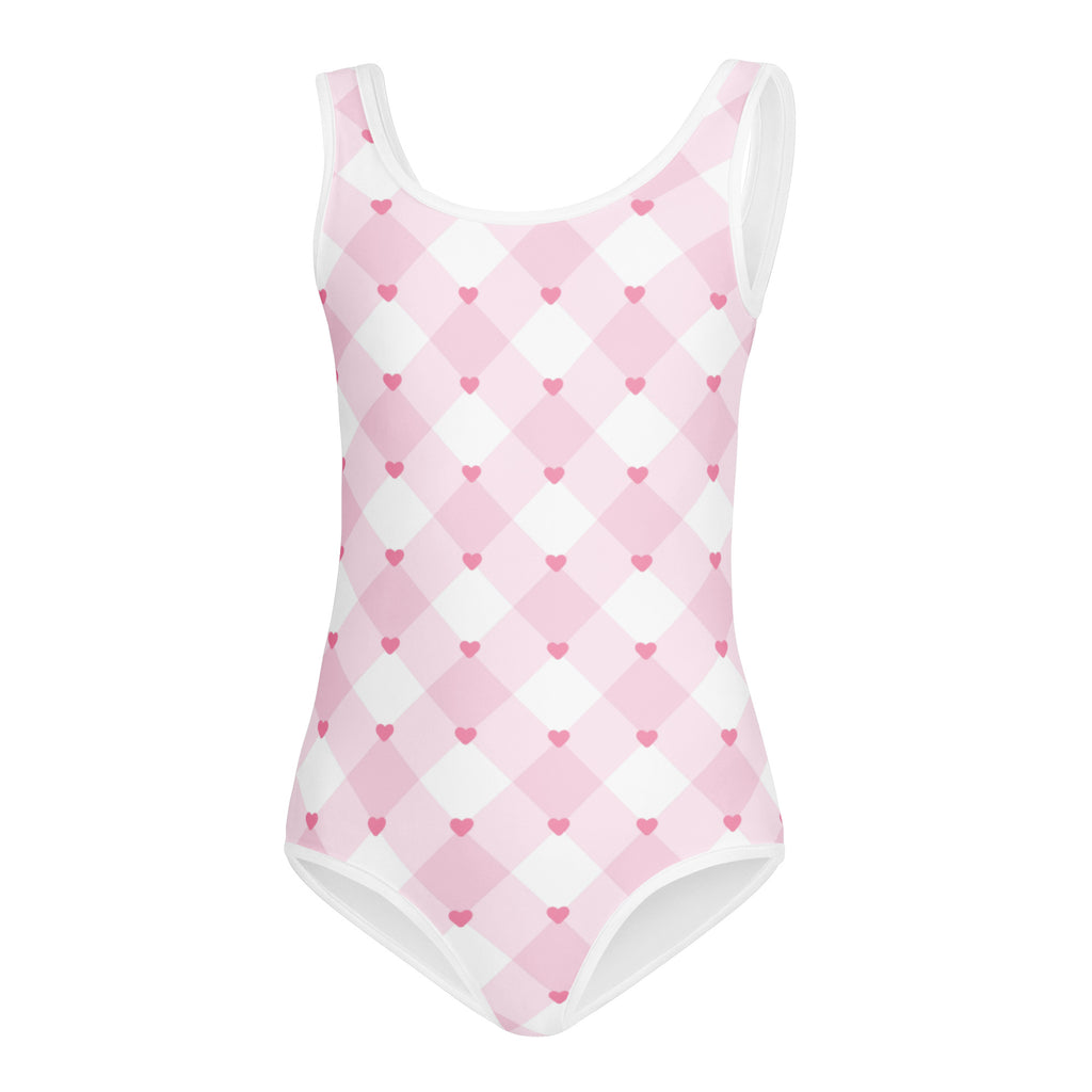 Girls pink argyle heart buttery soft one-piece swimsuit in pink and white with small heart patterns for dance and gymnastics