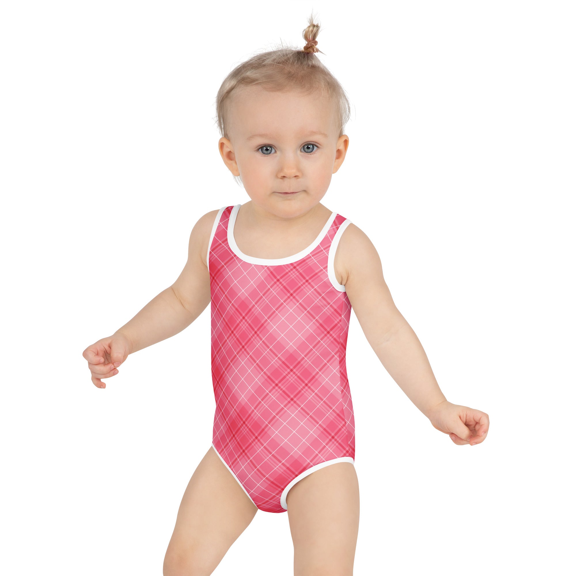 Girls Valentine’s Day pink plaid one-piece swimsuit with white trim buttery soft fabric and UPF 50 plus protection