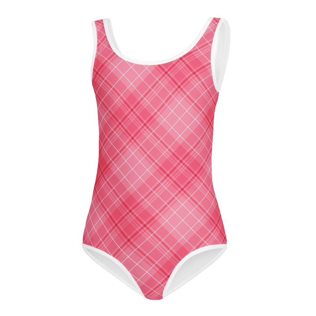 Girls valentine’s day pink plaid buttery soft one-piece swimsuit with white trim quick drying for dance and gymnastics