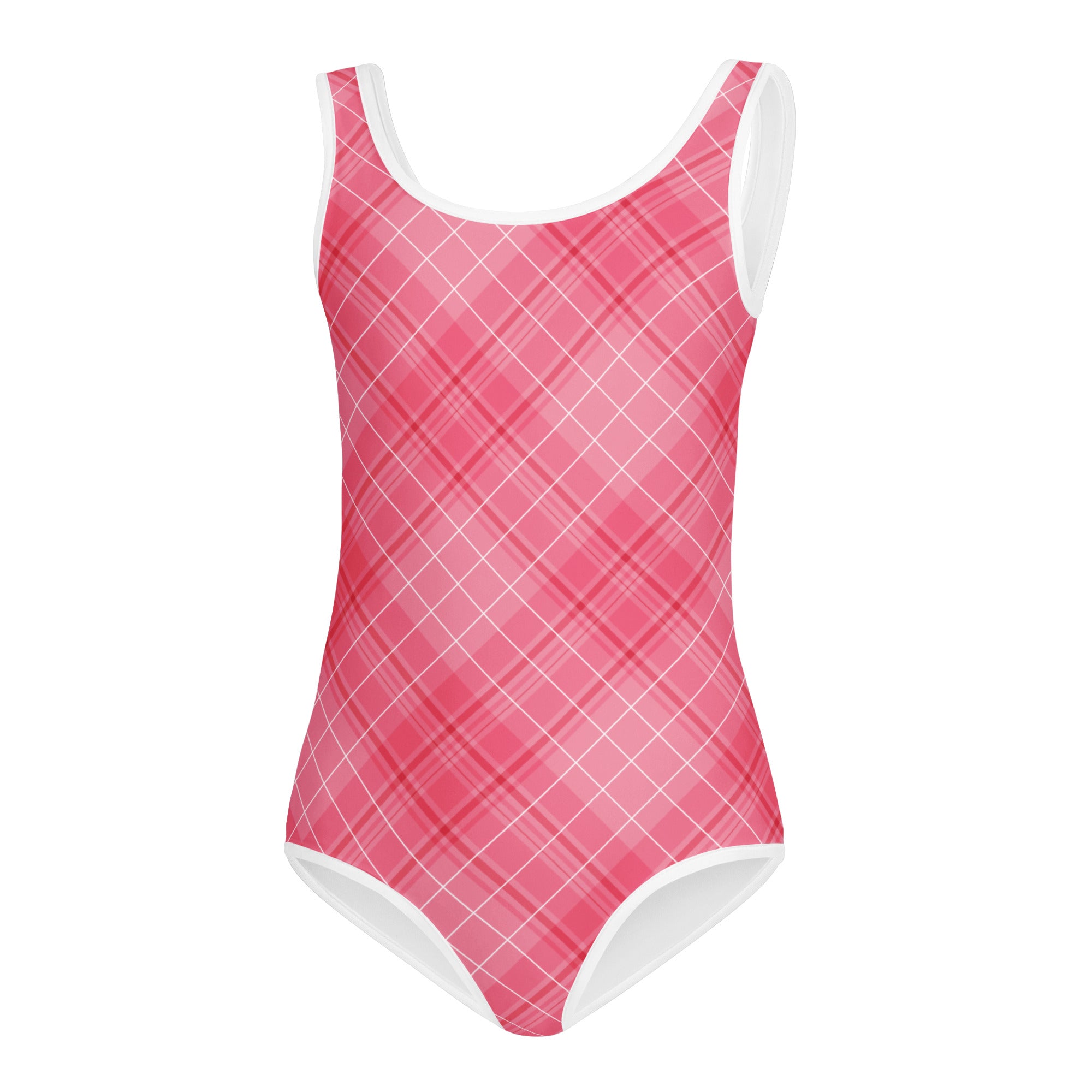 Girls valentine’s day pink plaid buttery soft one-piece swimsuit with white trim quick drying for dance and gymnastics