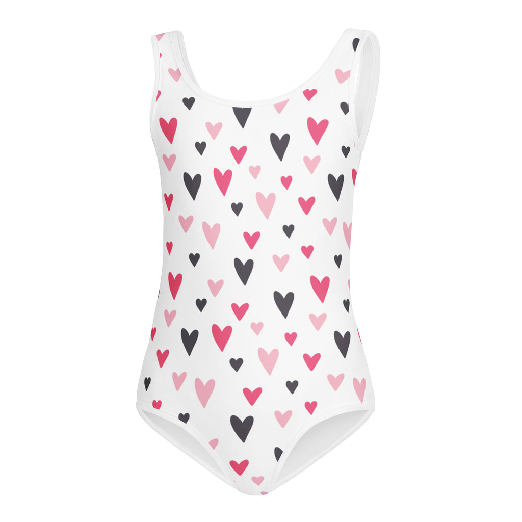 Girls valentine heart buttery soft white one-piece swimsuit with pink and black hearts quick drying for dance